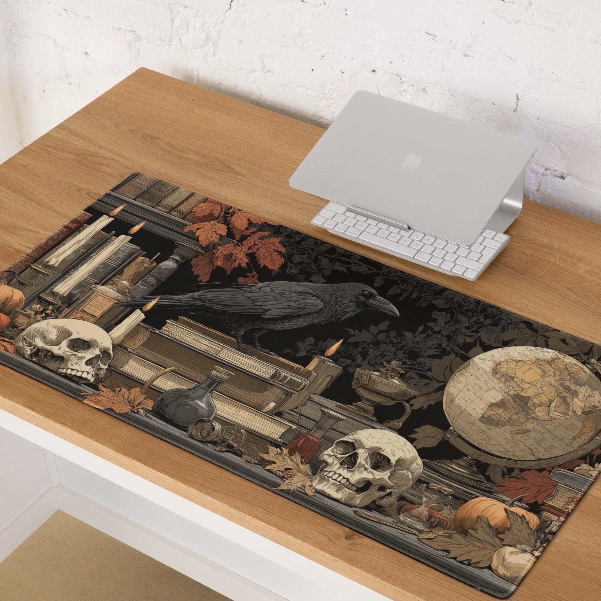 Gothic Halloween Raven Desk Mat | Dark Academia Skulls Large Mouse Pad, Vintage Witchy Desk Setup Decor
