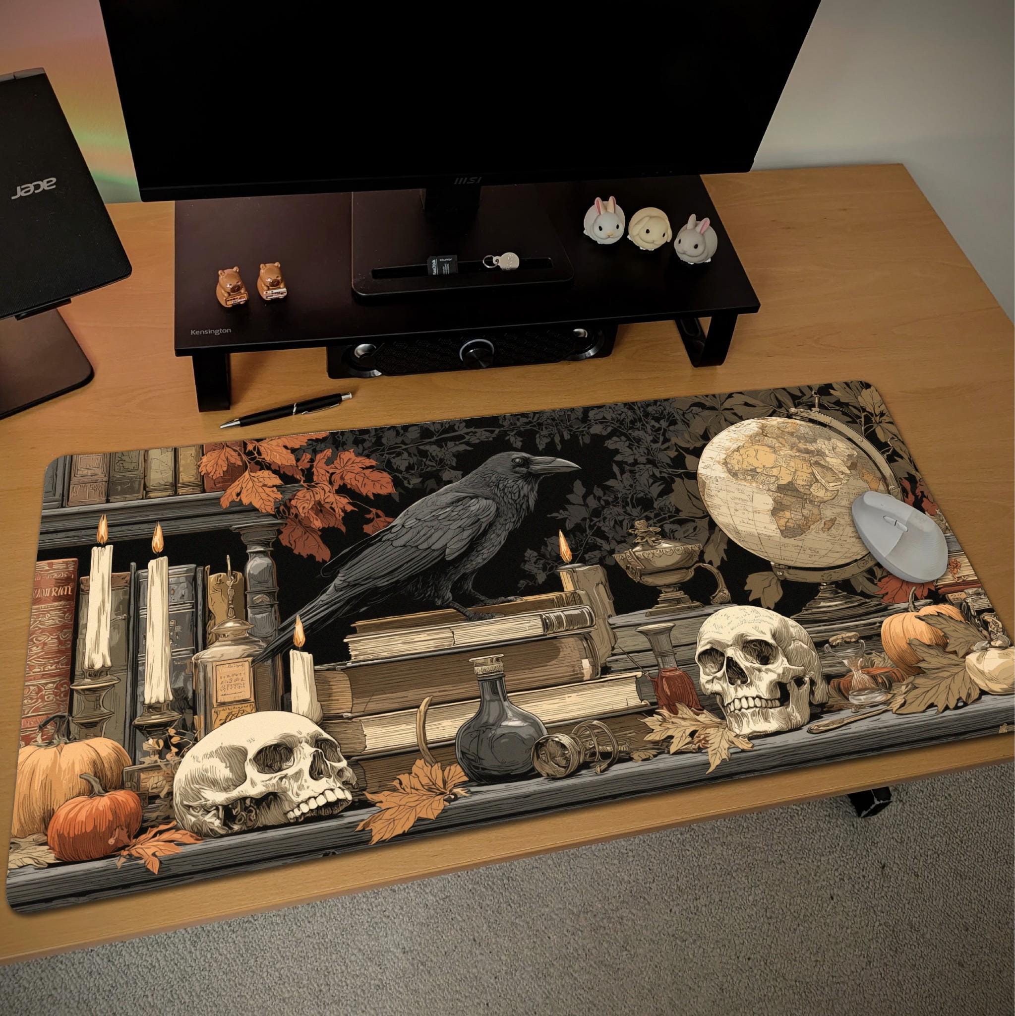 Gothic Halloween Raven Desk Mat | Dark Academia Skulls Large Mouse Pad, Vintage Witchy Desk Setup Decor