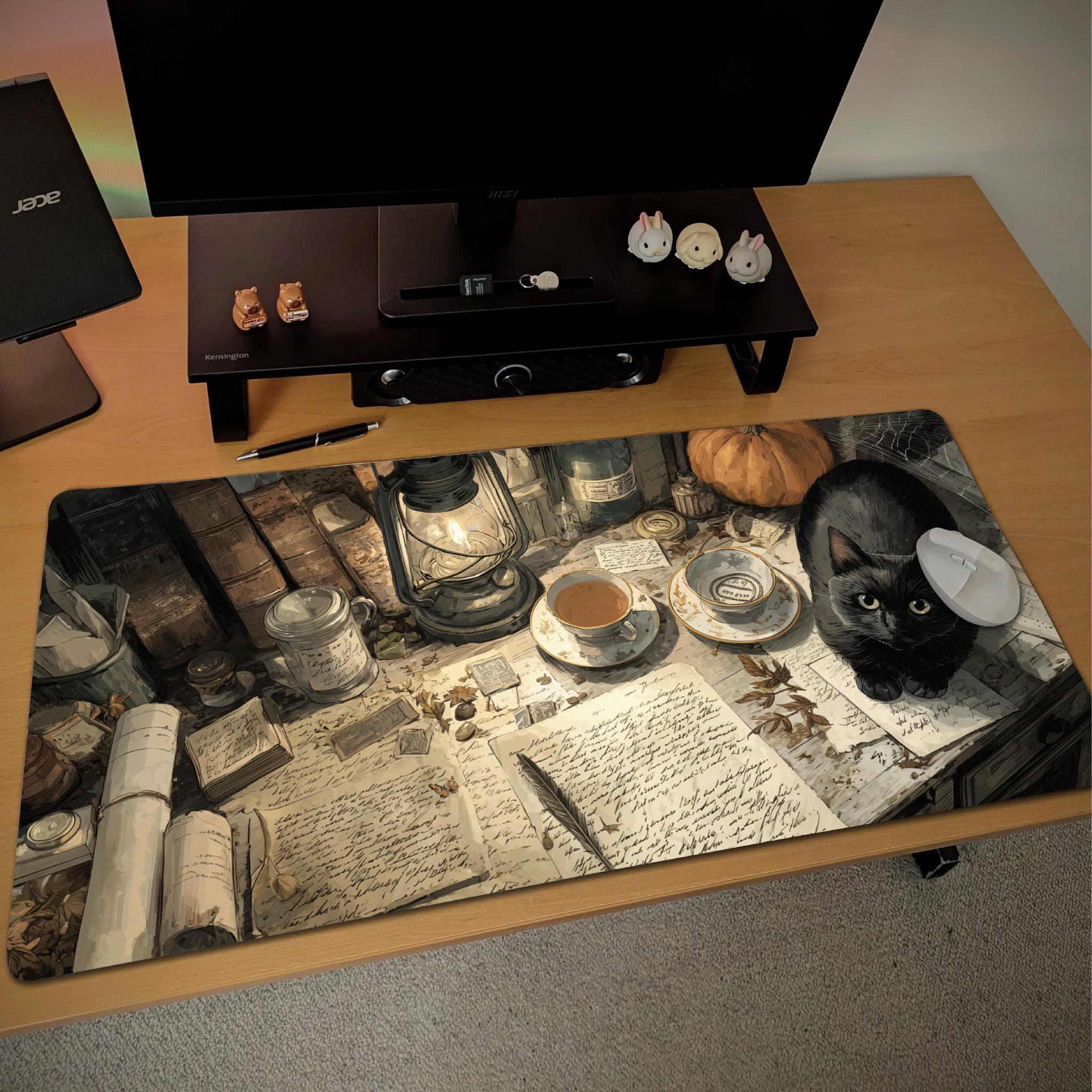 Vintage Painterly Medieval Desk Mat | Black Cat, Pumpkin & Spellbook Scholar Mouse Pad – Dark Academia Halloween Decor