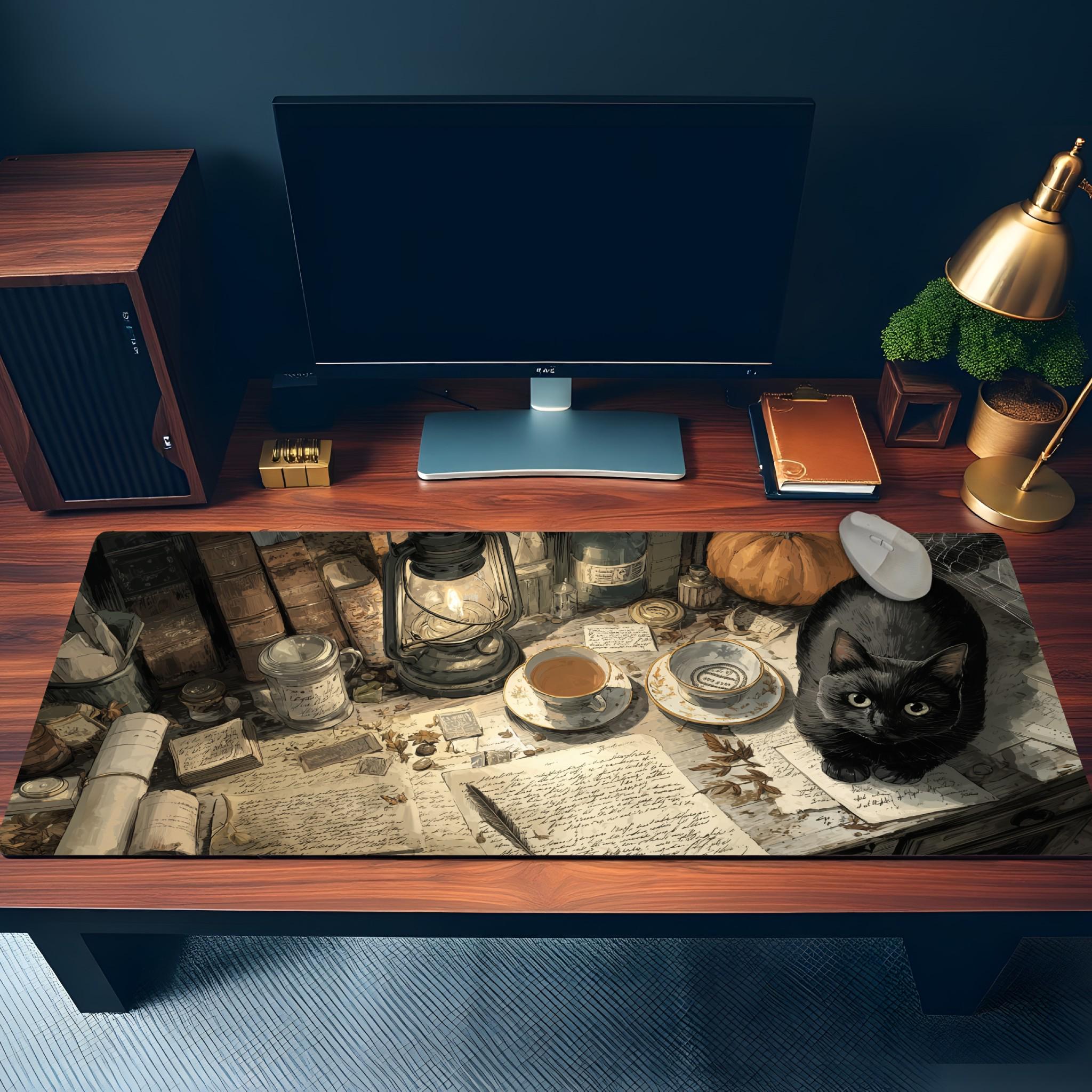 Vintage Painterly Medieval Desk Mat | Black Cat, Pumpkin & Spellbook Scholar Mouse Pad – Dark Academia Halloween Decor