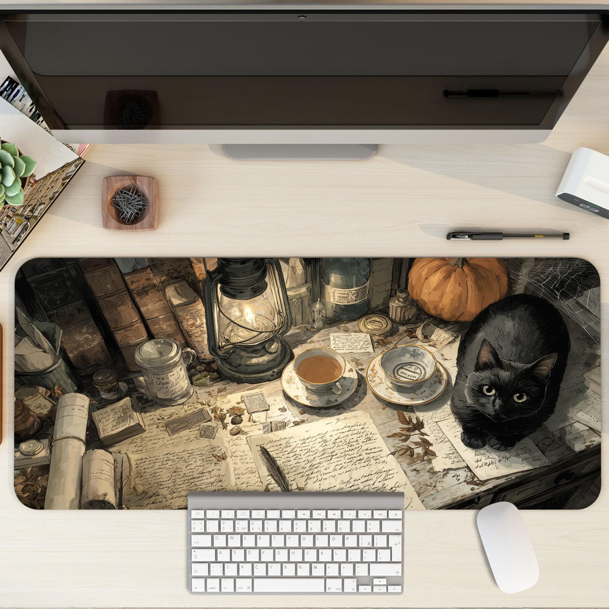 Vintage Painterly Medieval Desk Mat | Black Cat, Pumpkin & Spellbook Scholar Mouse Pad – Dark Academia Halloween Decor