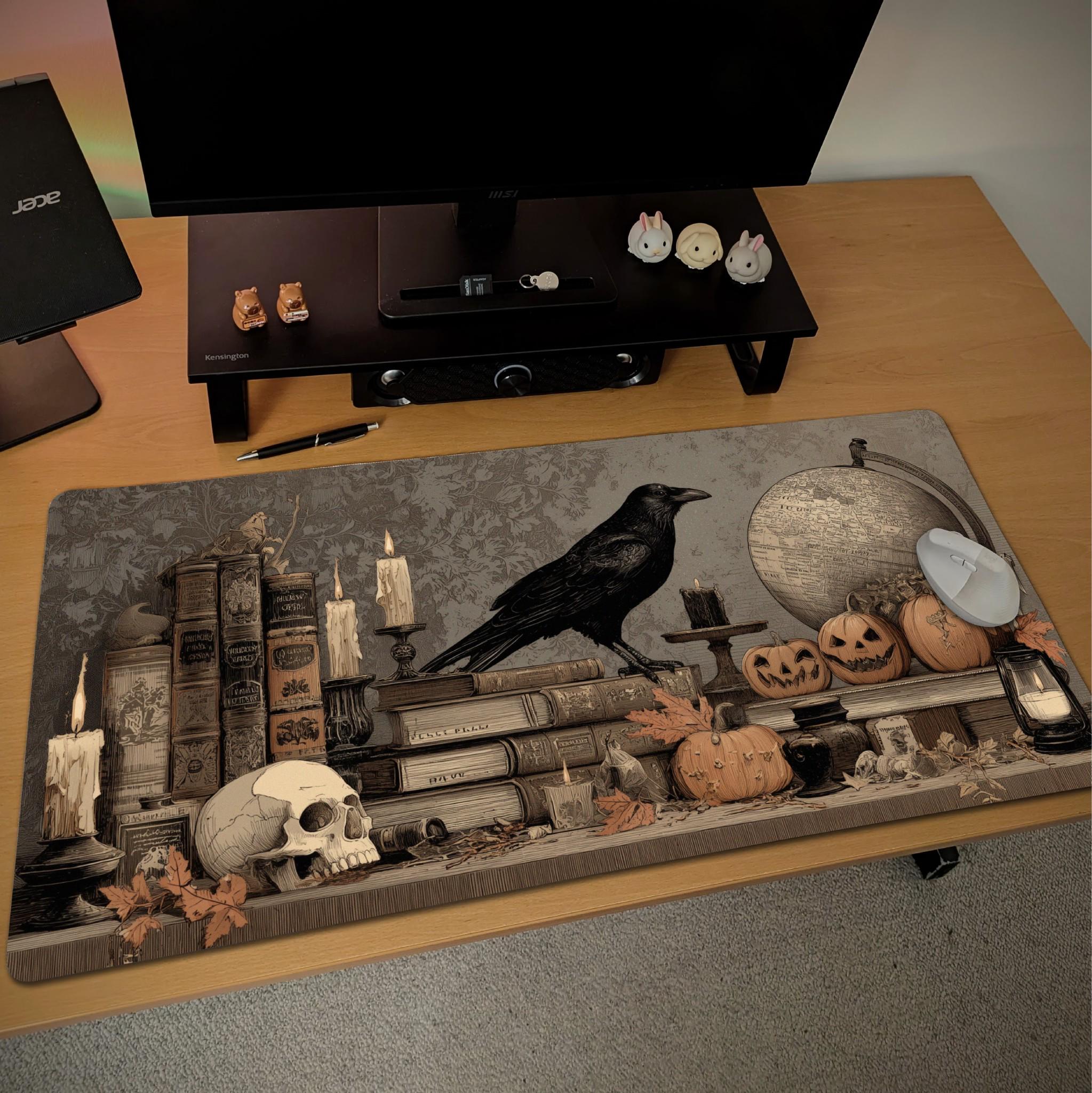 Gothic Spooky Scholar Desk Mat | Dark Academia Mouse Pad with Raven, Pumpkins, Candles and Spellbooks | Large Vintage Fantasy Art Desk Pad