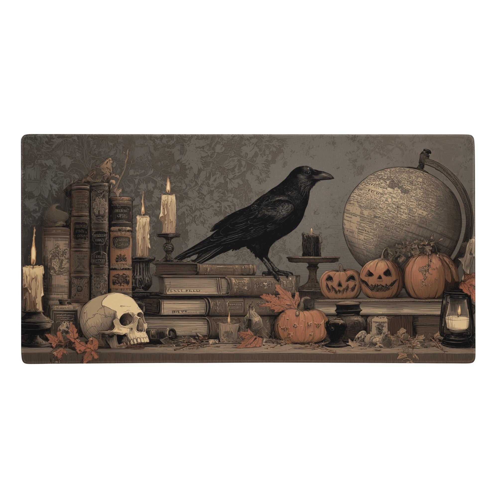 Gothic Spooky Scholar Desk Mat | Dark Academia Mouse Pad with Raven, Pumpkins, Candles and Spellbooks | Large Vintage Fantasy Art Desk Pad