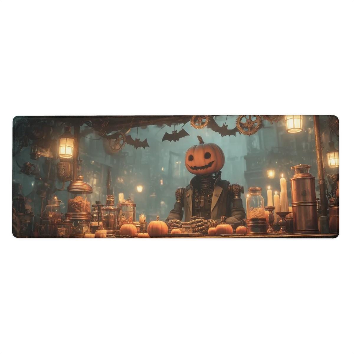Steampunk Halloween Desk Mat | Gothic Pumpkin Head Mouse Pad, Cinematic Horror Desk Pad