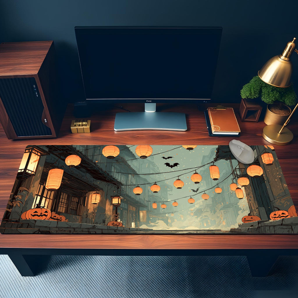 Japanese Halloween Street Desk Mat | Haunted Alley with Pumpkins & Bats – Large Spooky Festival Gaming, Office Mouse Pad