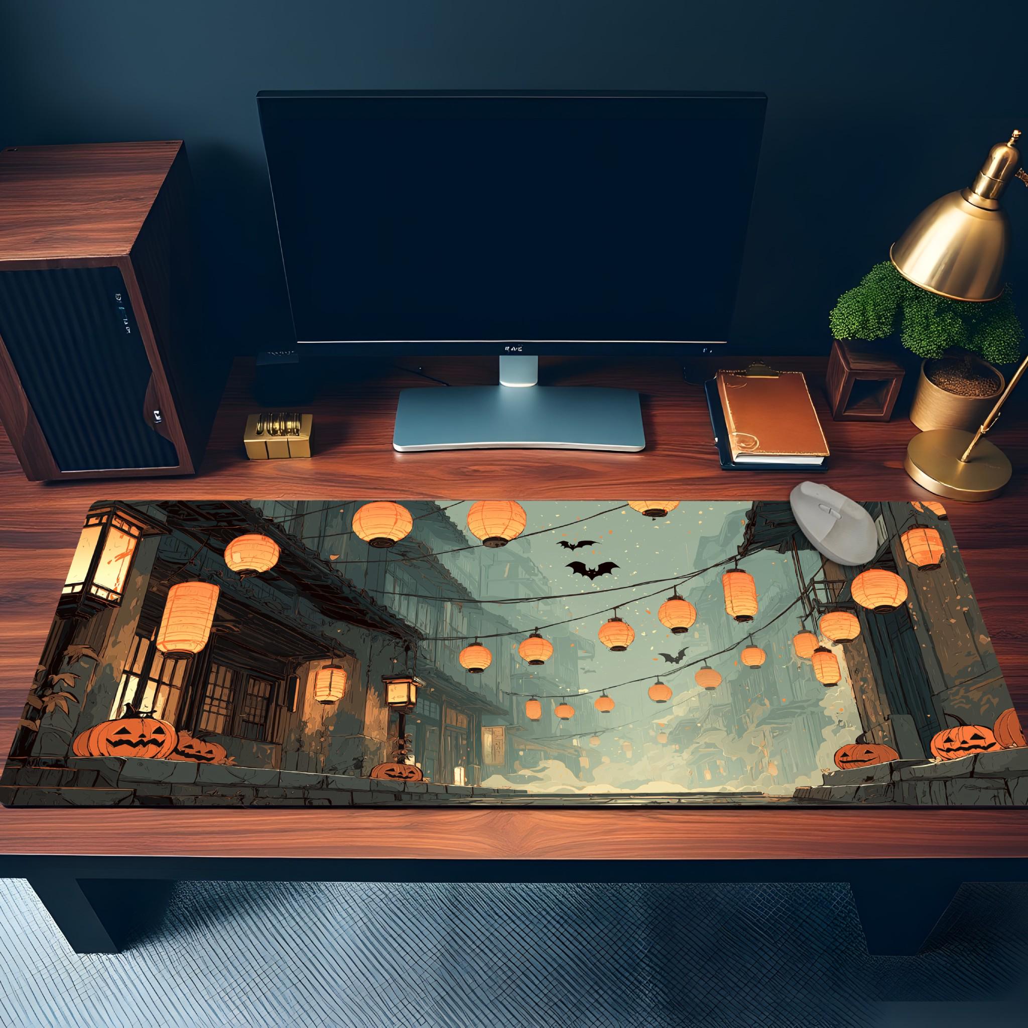 Japanese Halloween Street Desk Mat | Haunted Alley with Pumpkins & Bats – Large Spooky Festival Gaming, Office Mouse Pad