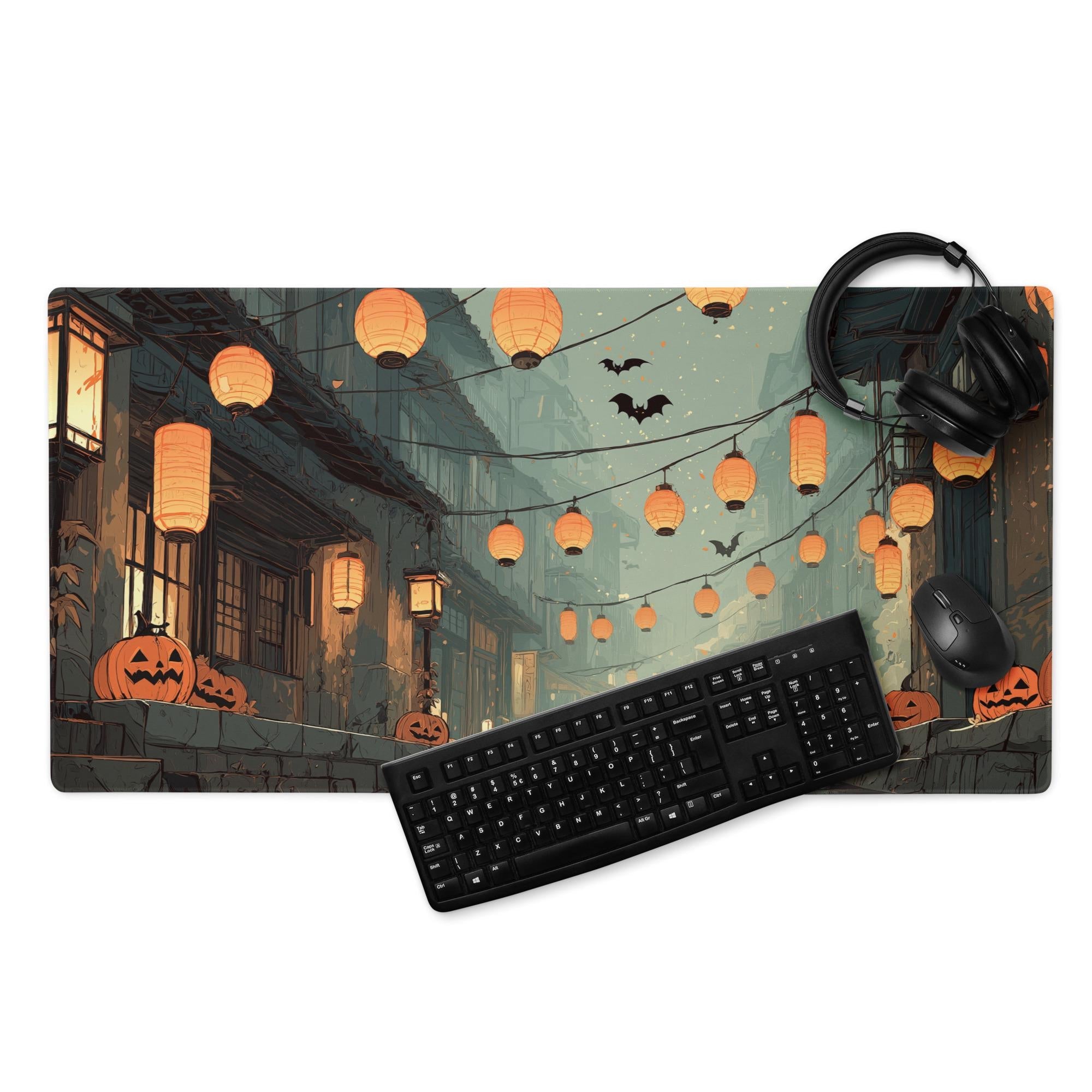 Japanese Halloween Street Desk Mat | Haunted Alley with Pumpkins & Bats – Large Spooky Festival Gaming, Office Mouse Pad