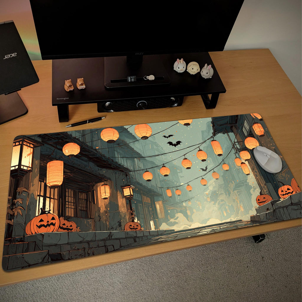 Japanese Halloween Street Desk Mat | Haunted Alley with Pumpkins & Bats – Large Spooky Festival Gaming, Office Mouse Pad