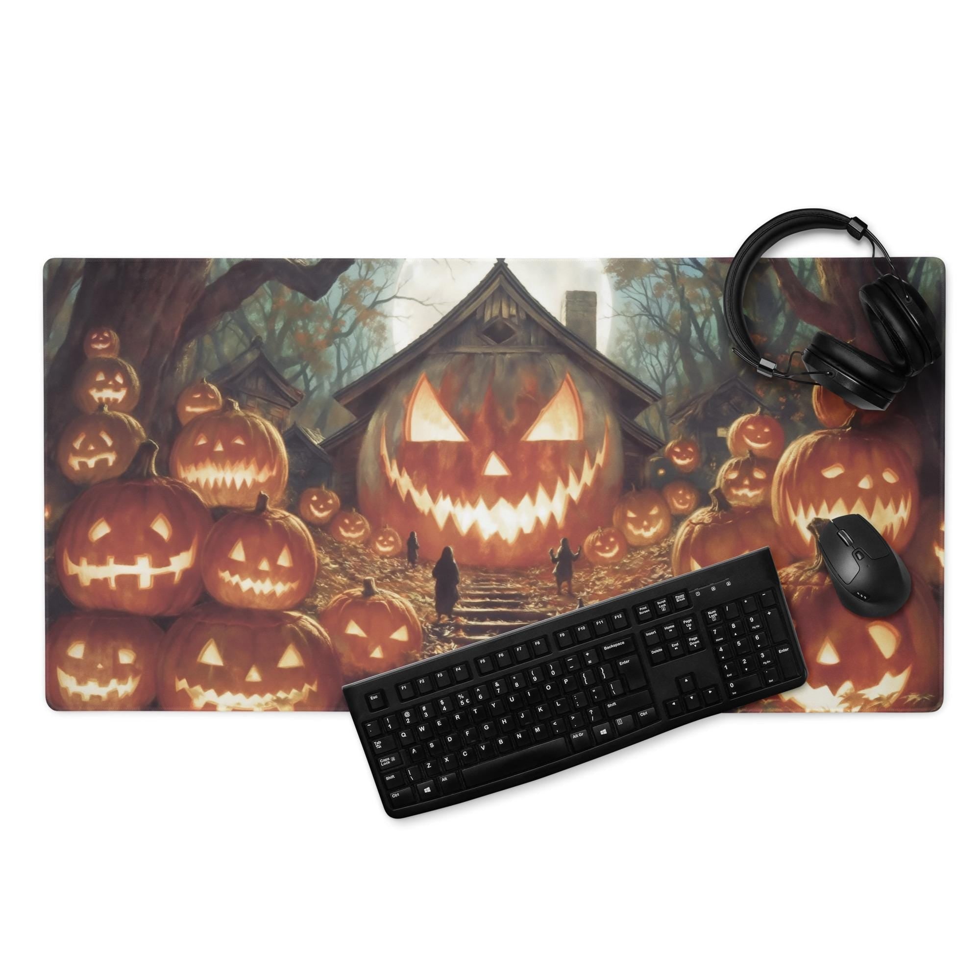 Giant Pumpkin House Desk Mat | Haunted Forest Halloween Jack O Lantern Scene – Spooky Horror Gaming Mouse Pad