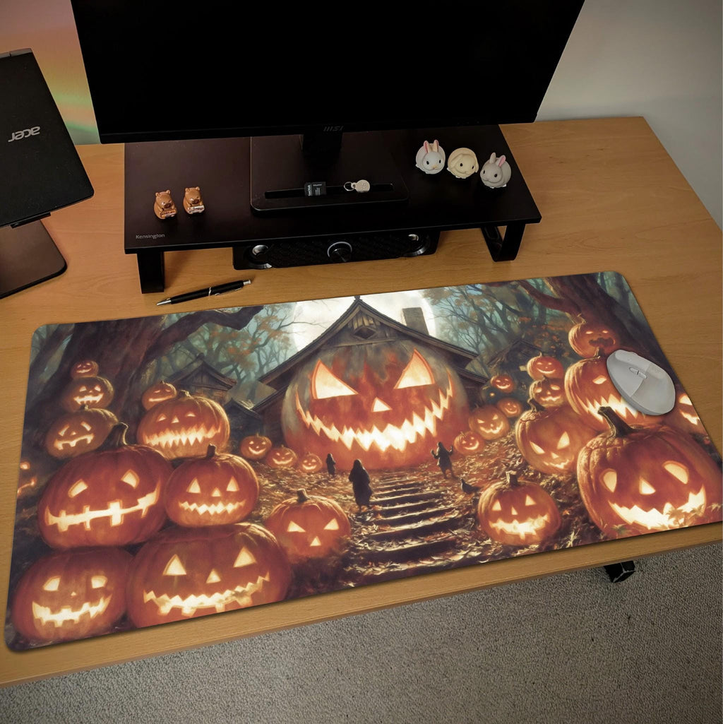 Giant Pumpkin House Desk Mat | Haunted Forest Halloween Jack O Lantern Scene – Spooky Horror Gaming Mouse Pad