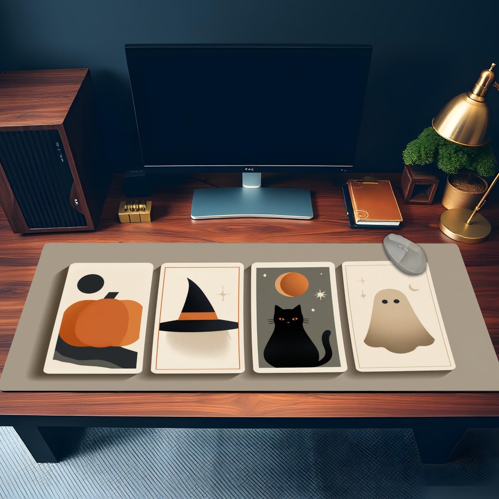 Minimalist Tarot Cards Halloween Desk Mat | Geometric Fantasy, Large Boho Beige Color Mouse Pad