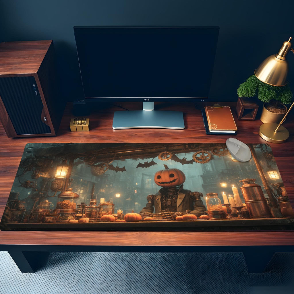 Steampunk Halloween Desk Mat | Gothic Pumpkin Head Mouse Pad, Cinematic Horror Desk Pad