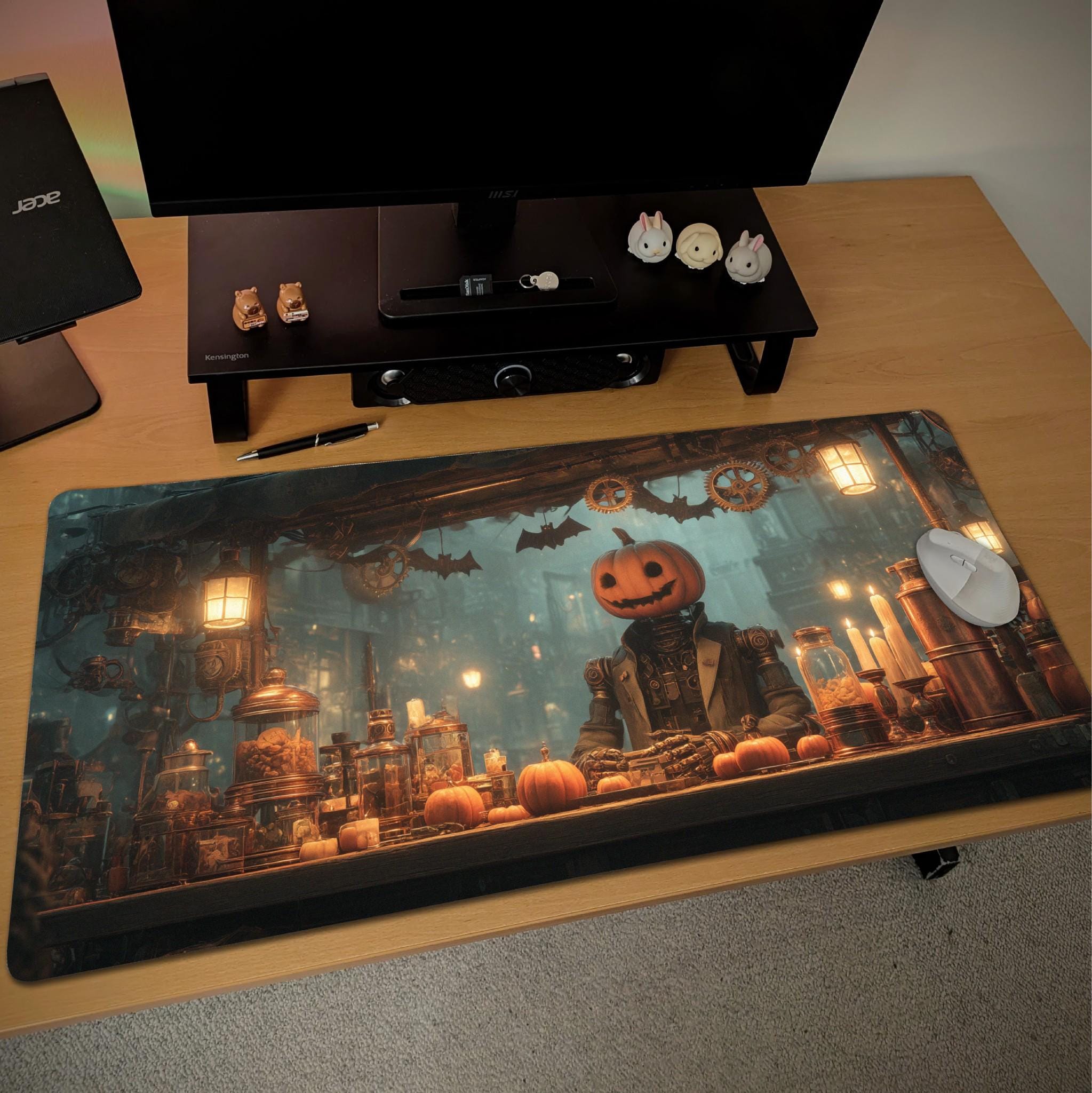 Steampunk Halloween Desk Mat | Gothic Pumpkin Head Mouse Pad, Cinematic Horror Desk Pad