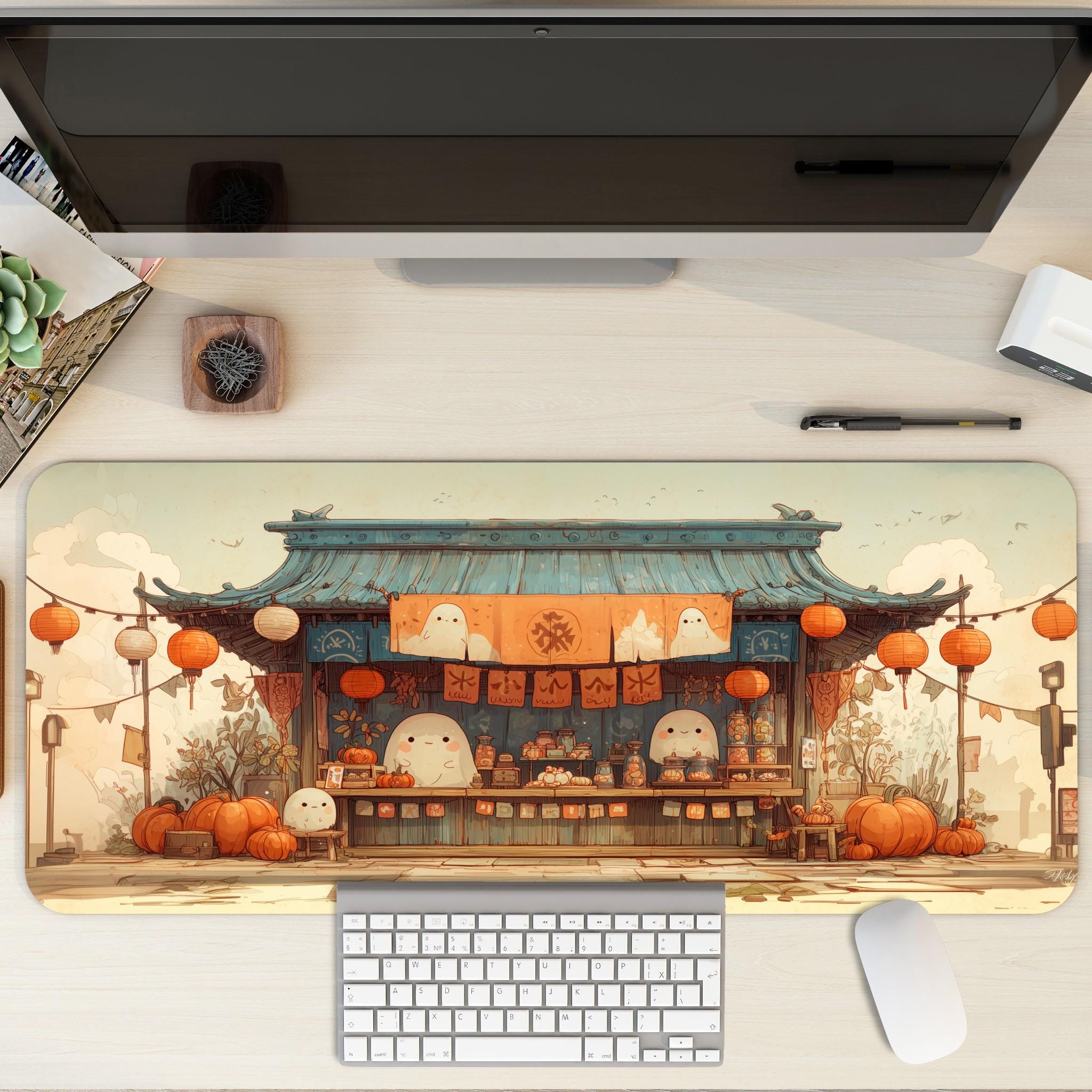 Kawaii Halloween Market Desk Mat | Cute Japanese Ghost Mochi Festive Mouse Pad, Pumpkin Lantern Beige, Orange Desk Pad