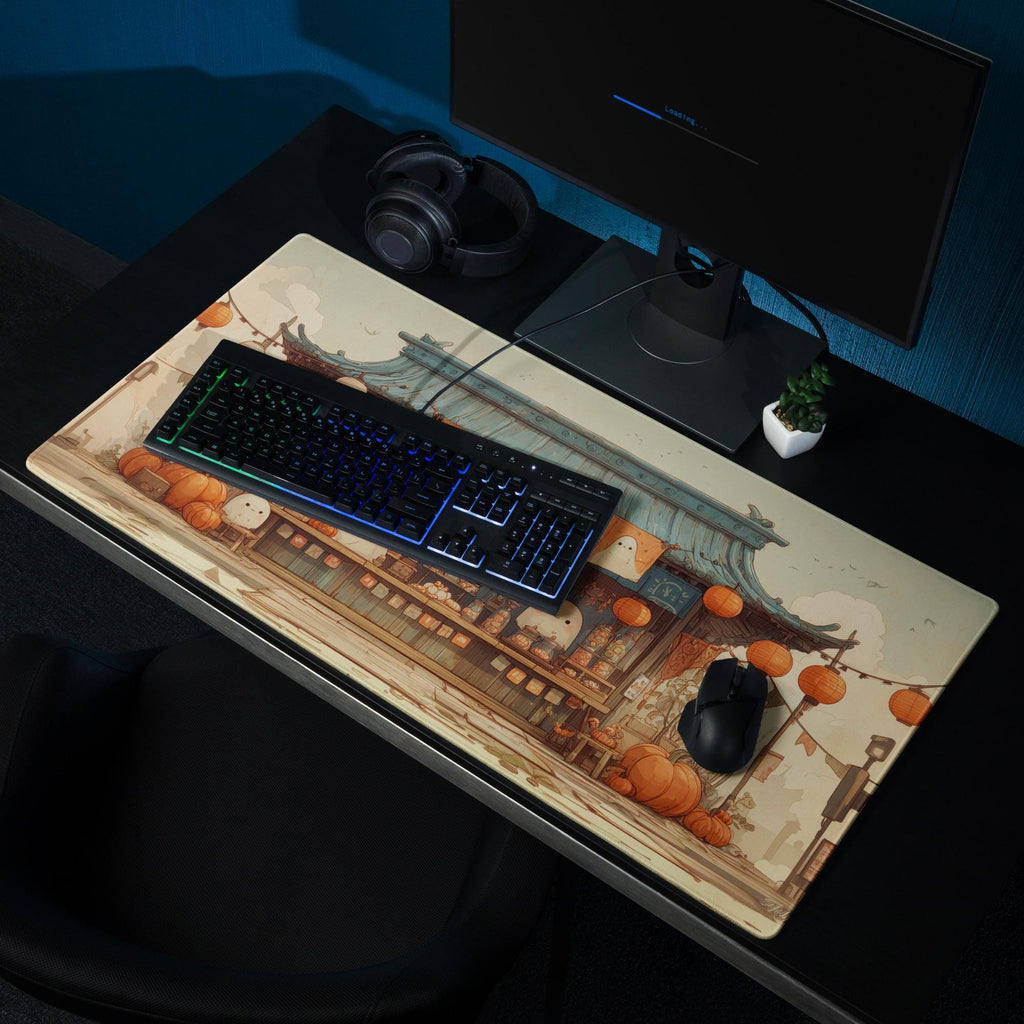 Kawaii Halloween Market Desk Mat | Cute Japanese Ghost Mochi Festive Mouse Pad, Pumpkin Lantern Beige, Orange Desk Pad