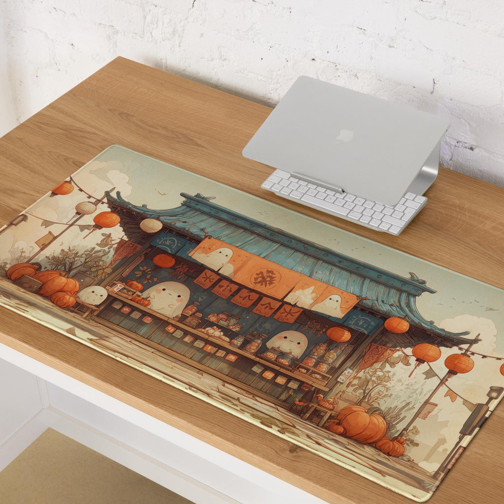 Kawaii Halloween Market Desk Mat | Cute Japanese Ghost Mochi Festive Mouse Pad, Pumpkin Lantern Beige, Orange Desk Pad