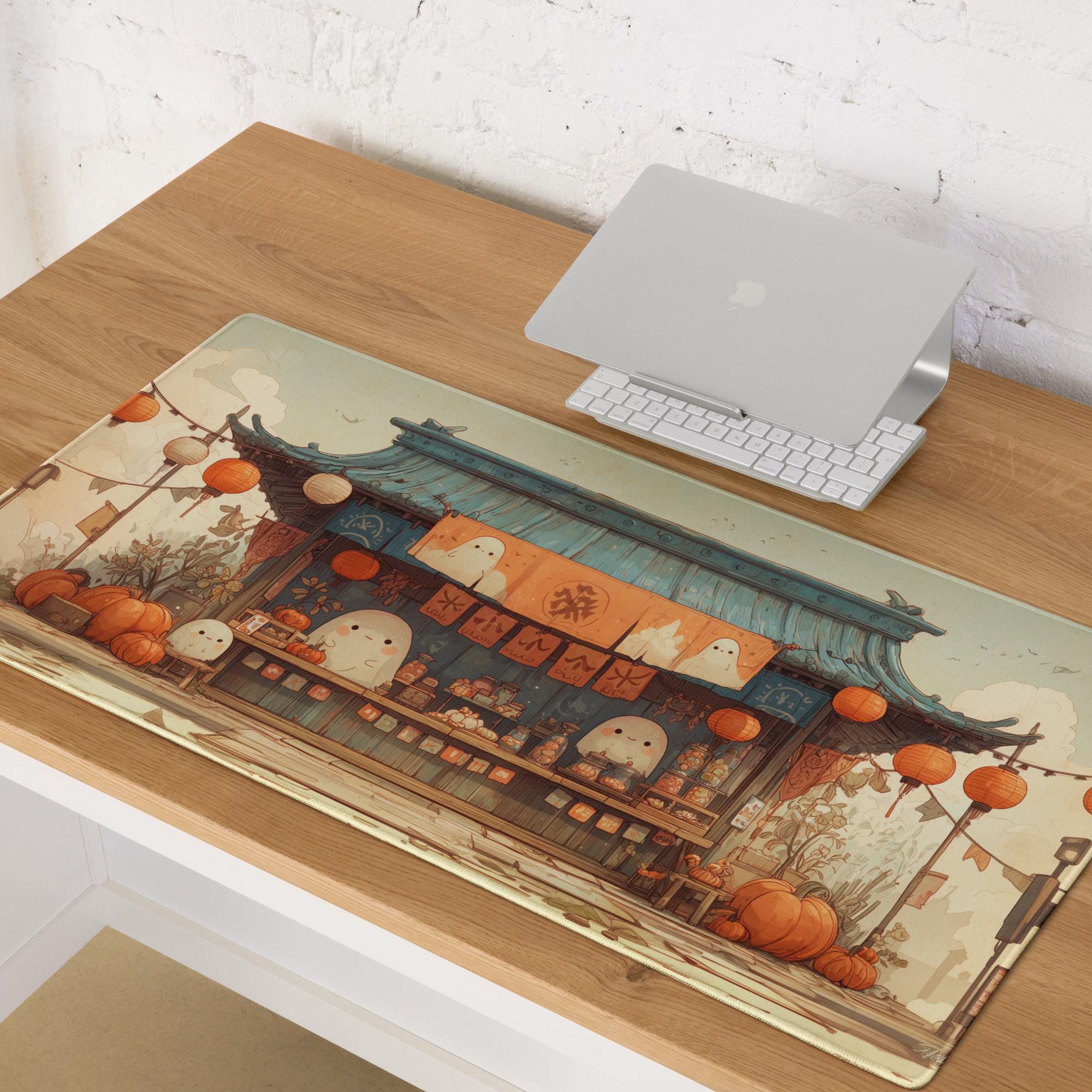 Kawaii Halloween Market Desk Mat | Cute Japanese Ghost Mochi Festive Mouse Pad, Pumpkin Lantern Beige, Orange Desk Pad