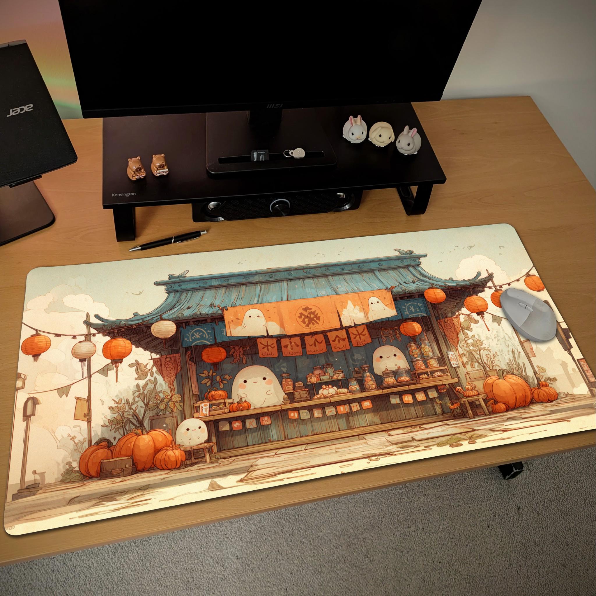 Kawaii Halloween Market Desk Mat | Cute Japanese Ghost Mochi Festive Mouse Pad, Pumpkin Lantern Beige, Orange Desk Pad
