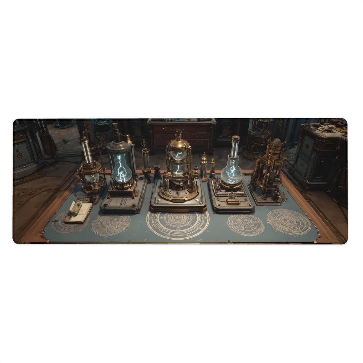 Alchemist Lab Desk Mat | Steampunk Magic Science Mouse Pad, Glowing Apparatus and Arcane Circles in Teal Bronze | Large Art Desk Pad