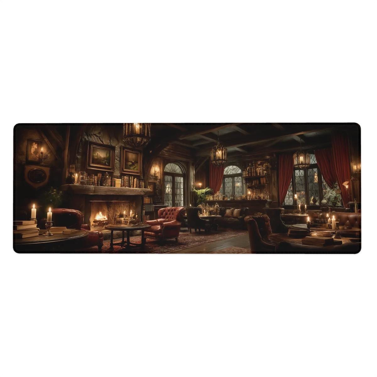 Speakeasy Lounge Desk Mat | Dark Academia Library Mouse Pad,  Vintage Fireplace in Rich Burgundy Brown RPG Fantasy Interior