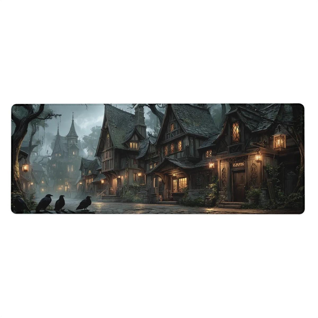 Gothic Witchy Village Desk Mat | Medieval Town Mouse Pad with Ravens and Lantern Light in Moody Gray, Orange Dark Academia tones