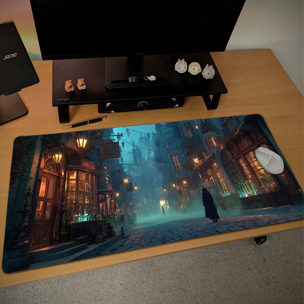 Dark Gothic City Desk Mat | Victorian Cobblestone, Green Gaslamp Fantasy Alley Desk Pad, RPG Art for Office and Gaming Setup