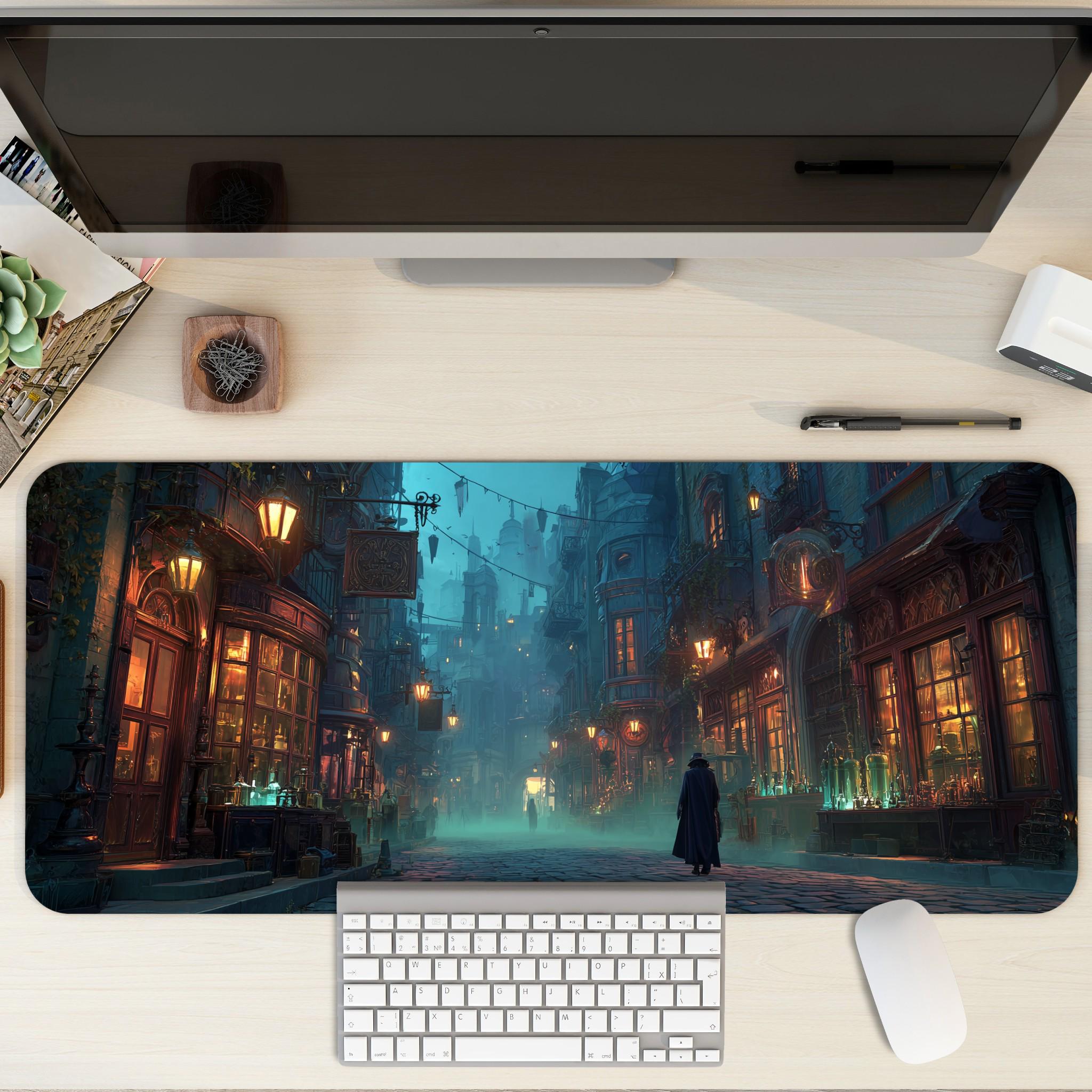 Dark Gothic City Desk Mat | Victorian Cobblestone, Green Gaslamp Fantasy Alley Desk Pad, RPG Art for Office and Gaming Setup