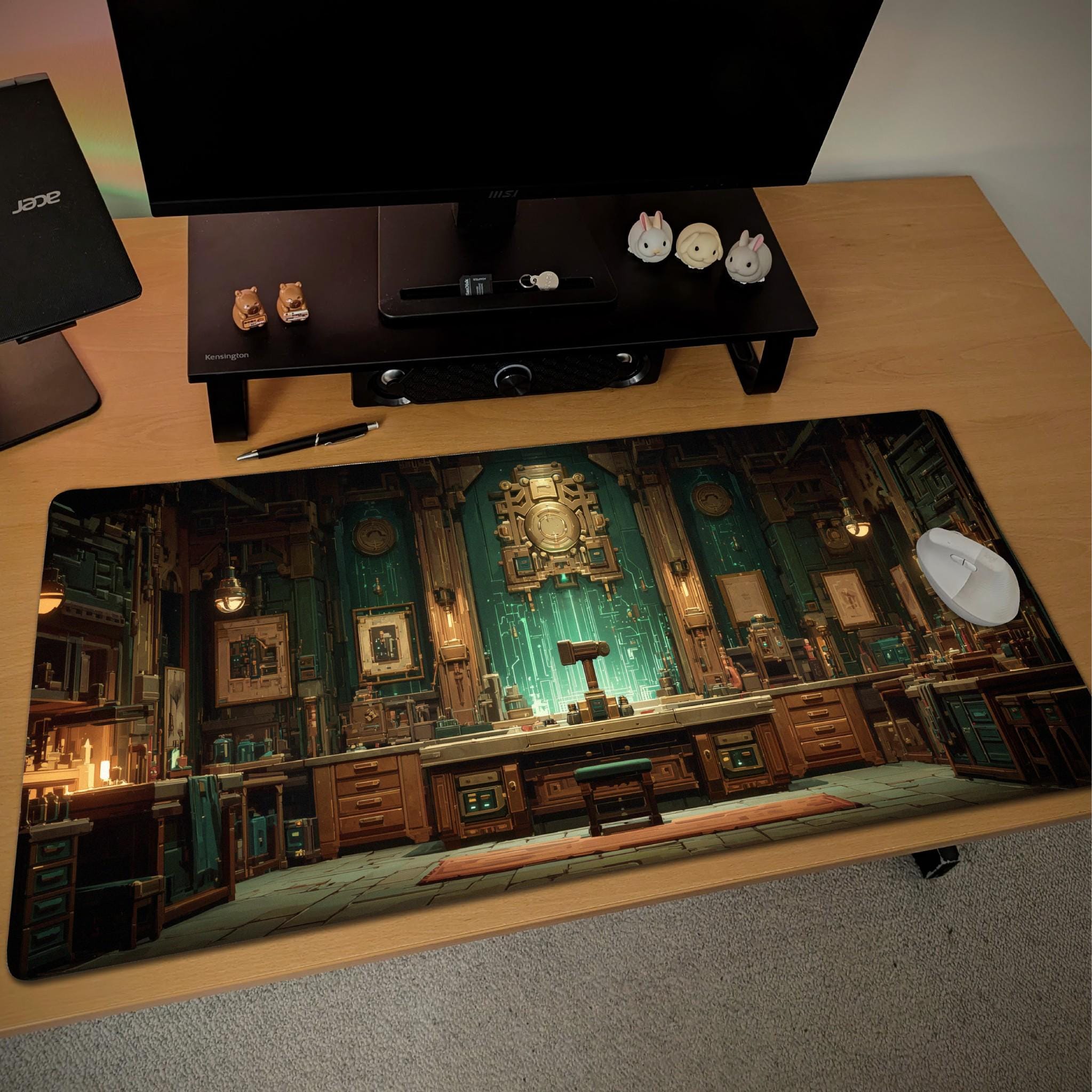 Steampunk Magic Workshop Desk Mat | Fantasy Gaming Mouse Pad with Victorian Lab Scene in Teal and Bronze, RPG Aesthetics Desk and Gaming Pad