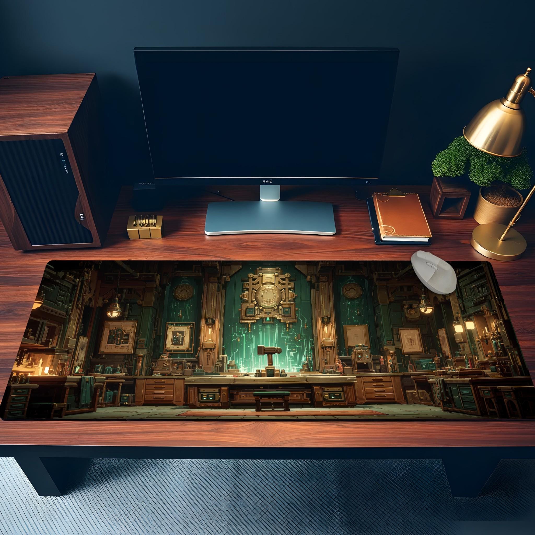 Steampunk Magic Workshop Desk Mat | Fantasy Gaming Mouse Pad with Victorian Lab Scene in Teal and Bronze, RPG Aesthetics Desk and Gaming Pad