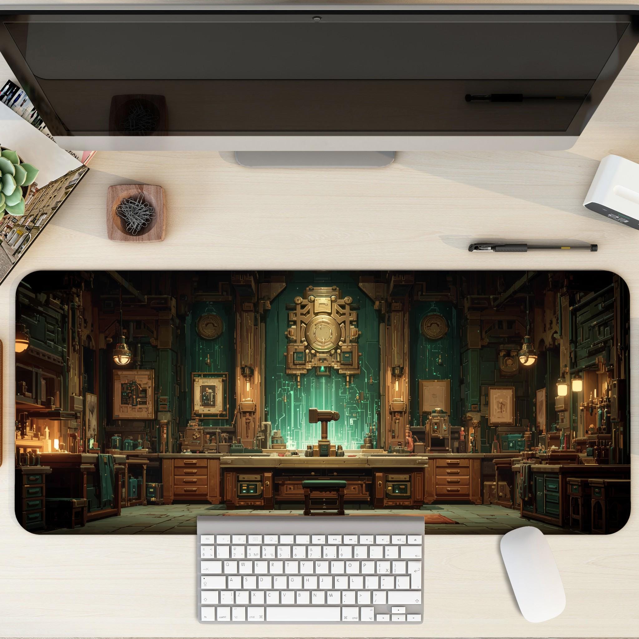 Steampunk Magic Workshop Desk Mat | Fantasy Gaming Mouse Pad with Victorian Lab Scene in Teal and Bronze, RPG Aesthetics Desk and Gaming Pad