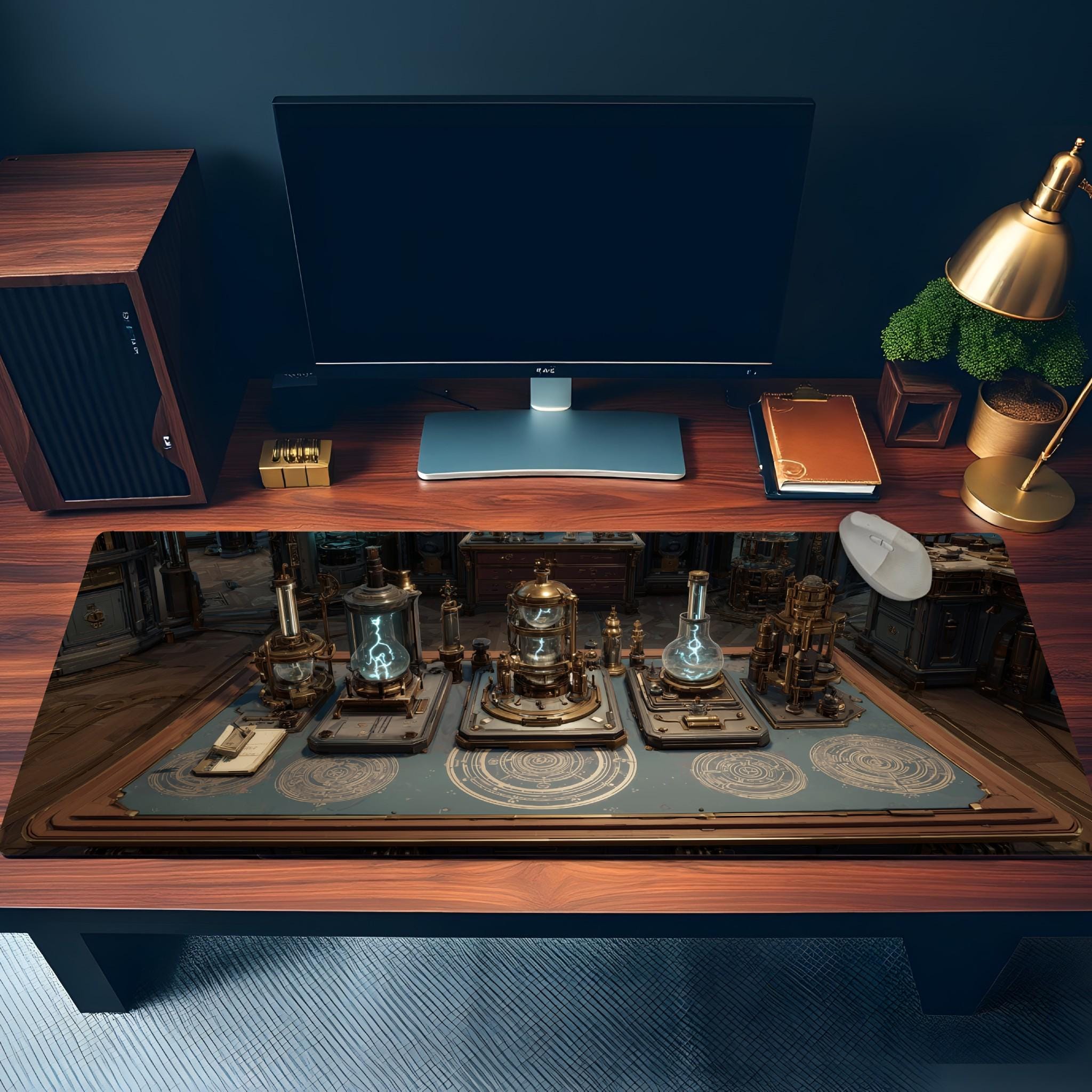 Alchemist Lab Desk Mat | Steampunk Magic Science Mouse Pad, Glowing Apparatus and Arcane Circles in Teal Bronze | Large Art Desk Pad