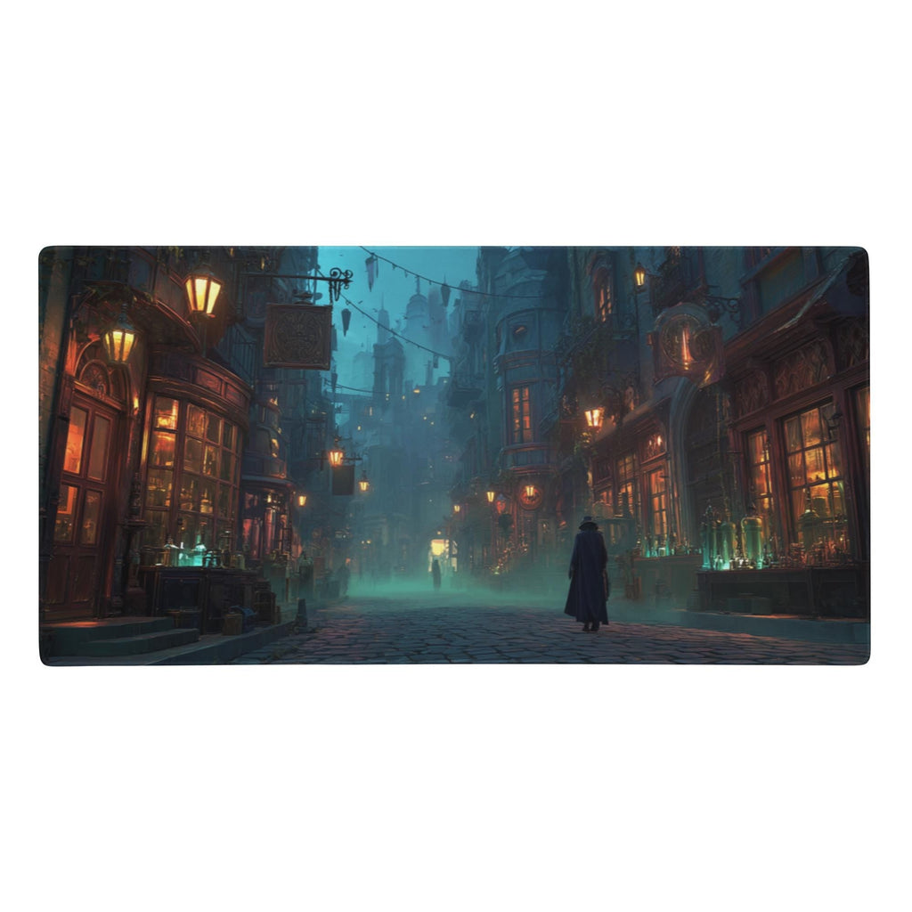 Dark Gothic City Desk Mat | Victorian Cobblestone, Green Gaslamp Fantasy Alley Desk Pad, RPG Art for Office and Gaming Setup