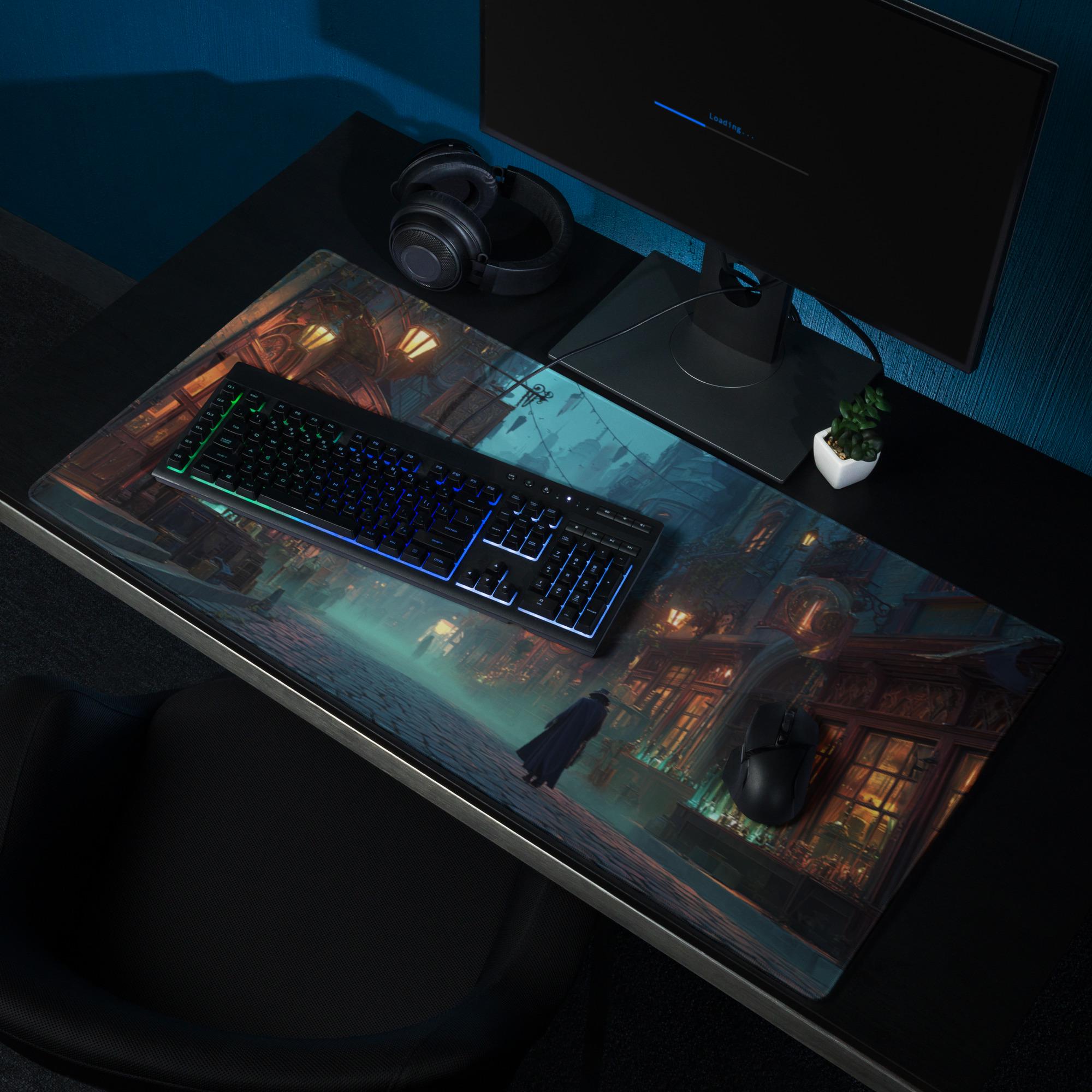 Dark Gothic City Desk Mat | Victorian Cobblestone, Green Gaslamp Fantasy Alley Desk Pad, RPG Art for Office and Gaming Setup