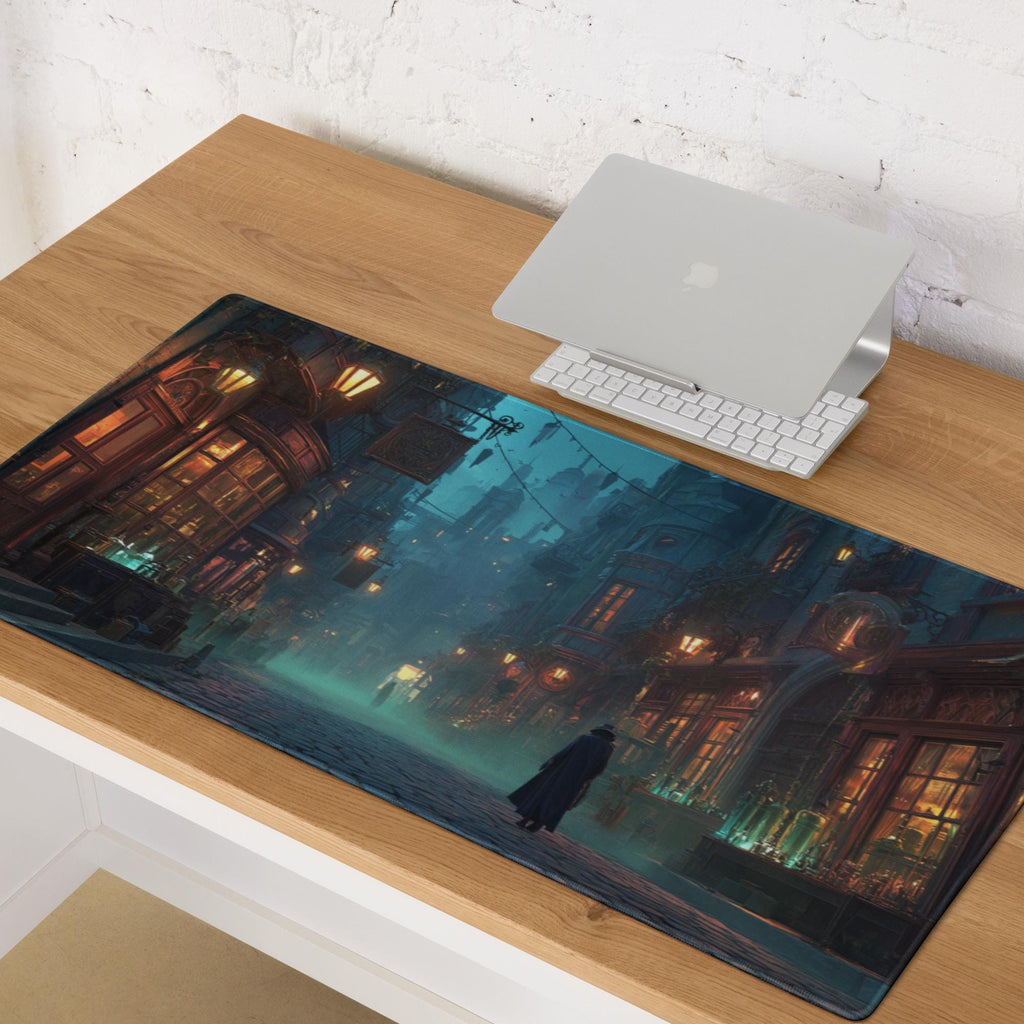 Dark Gothic City Desk Mat | Victorian Cobblestone, Green Gaslamp Fantasy Alley Desk Pad, RPG Art for Office and Gaming Setup