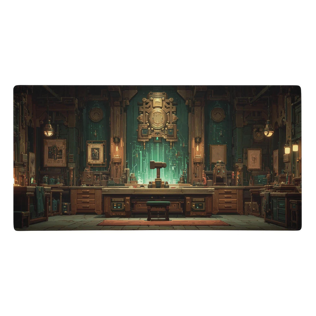 Steampunk Magic Workshop Desk Mat | Fantasy Gaming Mouse Pad with Victorian Lab Scene in Teal and Bronze, RPG Aesthetics Desk and Gaming Pad