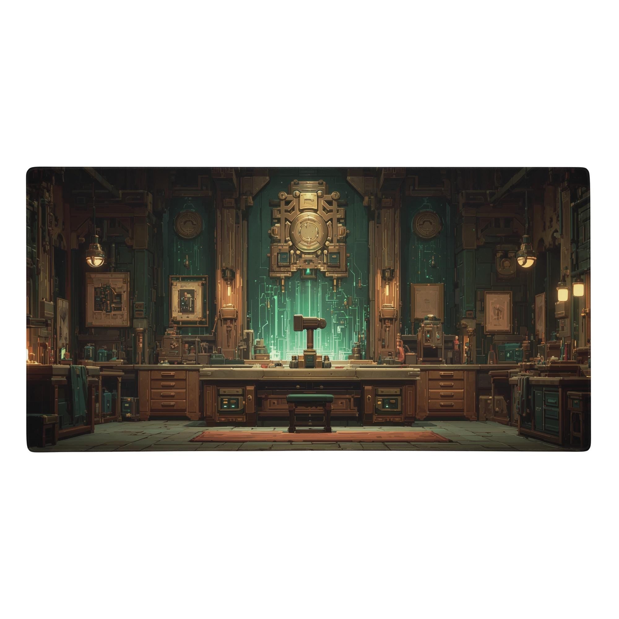Steampunk Magic Workshop Desk Mat | Fantasy Gaming Mouse Pad with Victorian Lab Scene in Teal and Bronze, RPG Aesthetics Desk and Gaming Pad