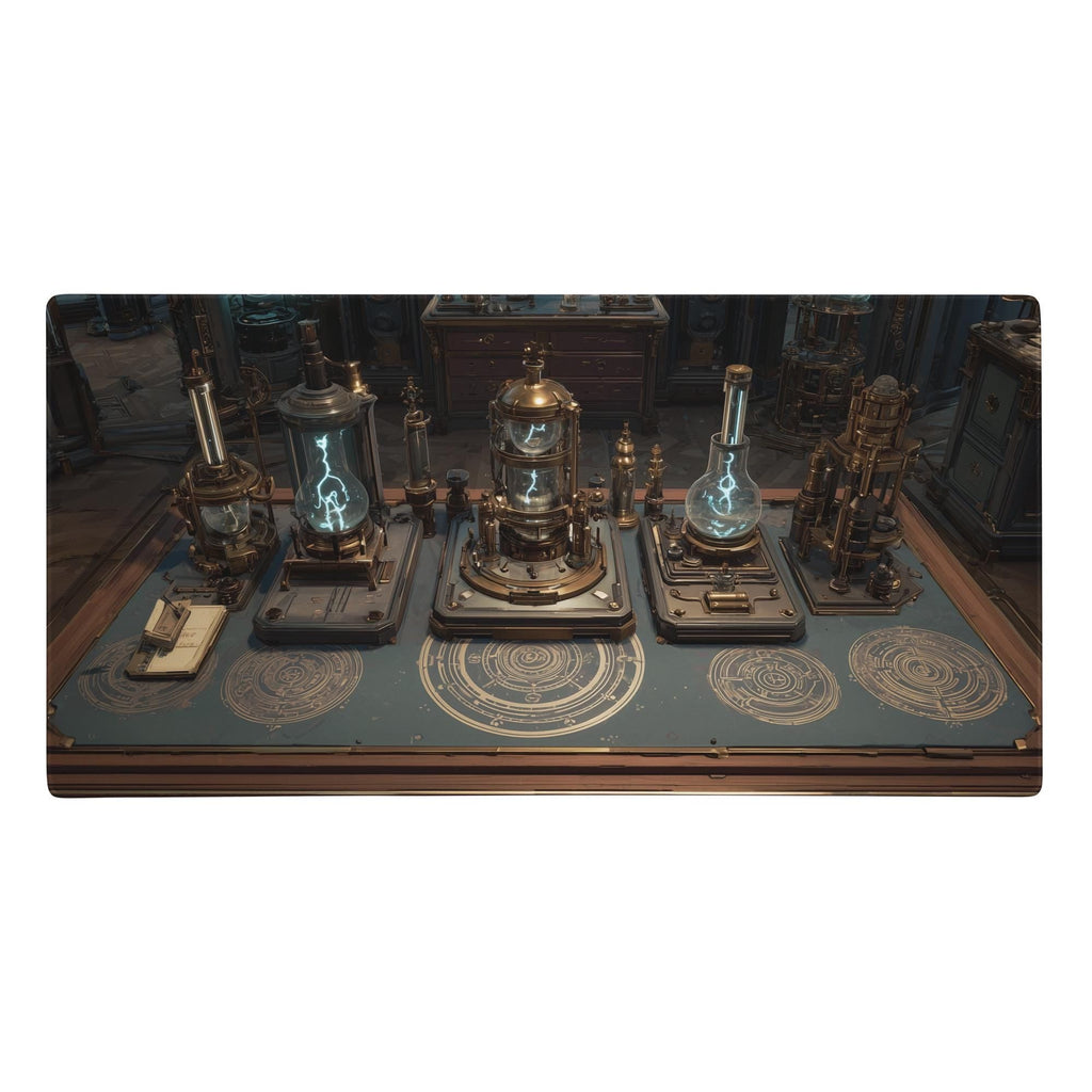 Alchemist Lab Desk Mat | Steampunk Magic Science Mouse Pad, Glowing Apparatus and Arcane Circles in Teal Bronze | Large Art Desk Pad