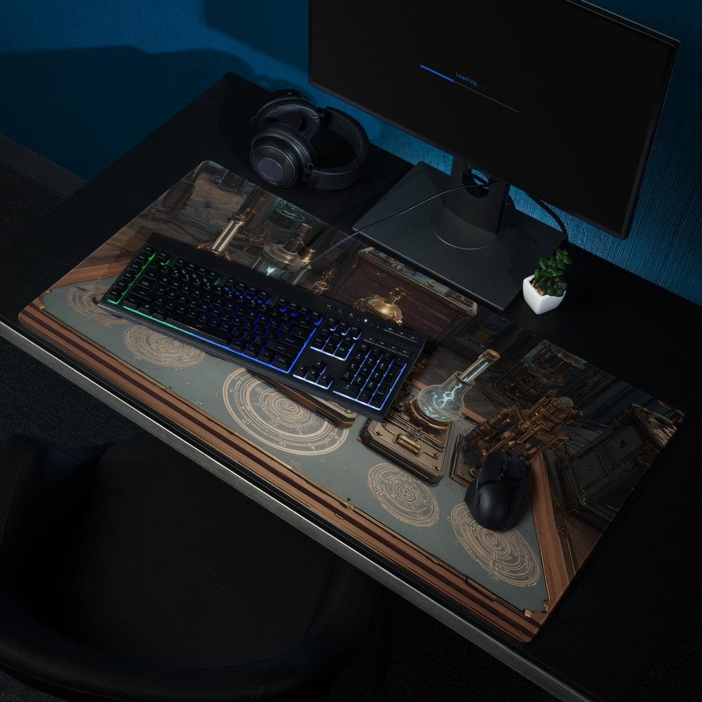 Alchemist Lab Desk Mat | Steampunk Magic Science Mouse Pad, Glowing Apparatus and Arcane Circles in Teal Bronze | Large Art Desk Pad