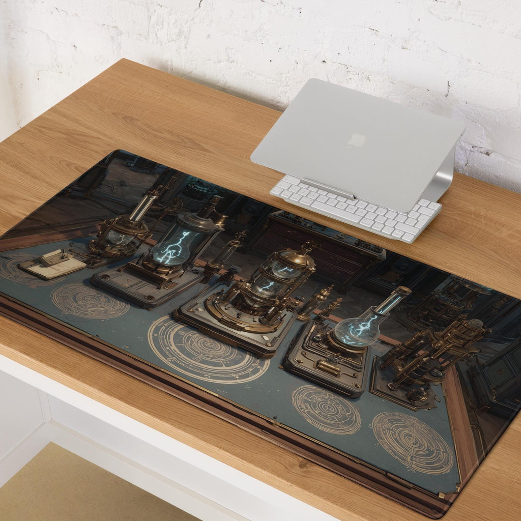Alchemist Lab Desk Mat | Steampunk Magic Science Mouse Pad, Glowing Apparatus and Arcane Circles in Teal Bronze | Large Art Desk Pad