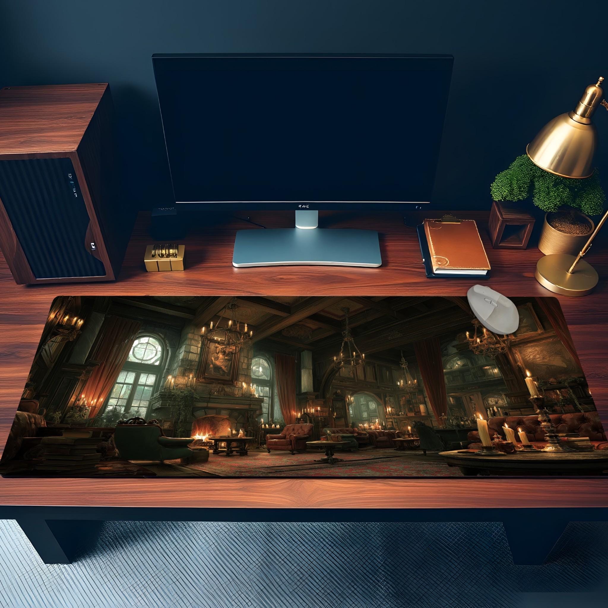 Gothic Manor Library Desk Mat | Dark Academia Mouse Pad with Vintage Study Room Scene in Rich Amber and Forest Green | Mystery Fantasy Art