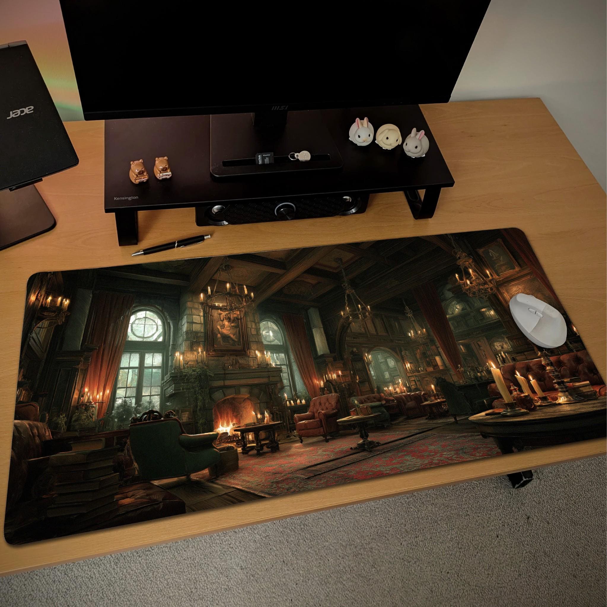 Gothic Manor Library Desk Mat | Dark Academia Mouse Pad with Vintage Study Room Scene in Rich Amber and Forest Green | Mystery Fantasy Art
