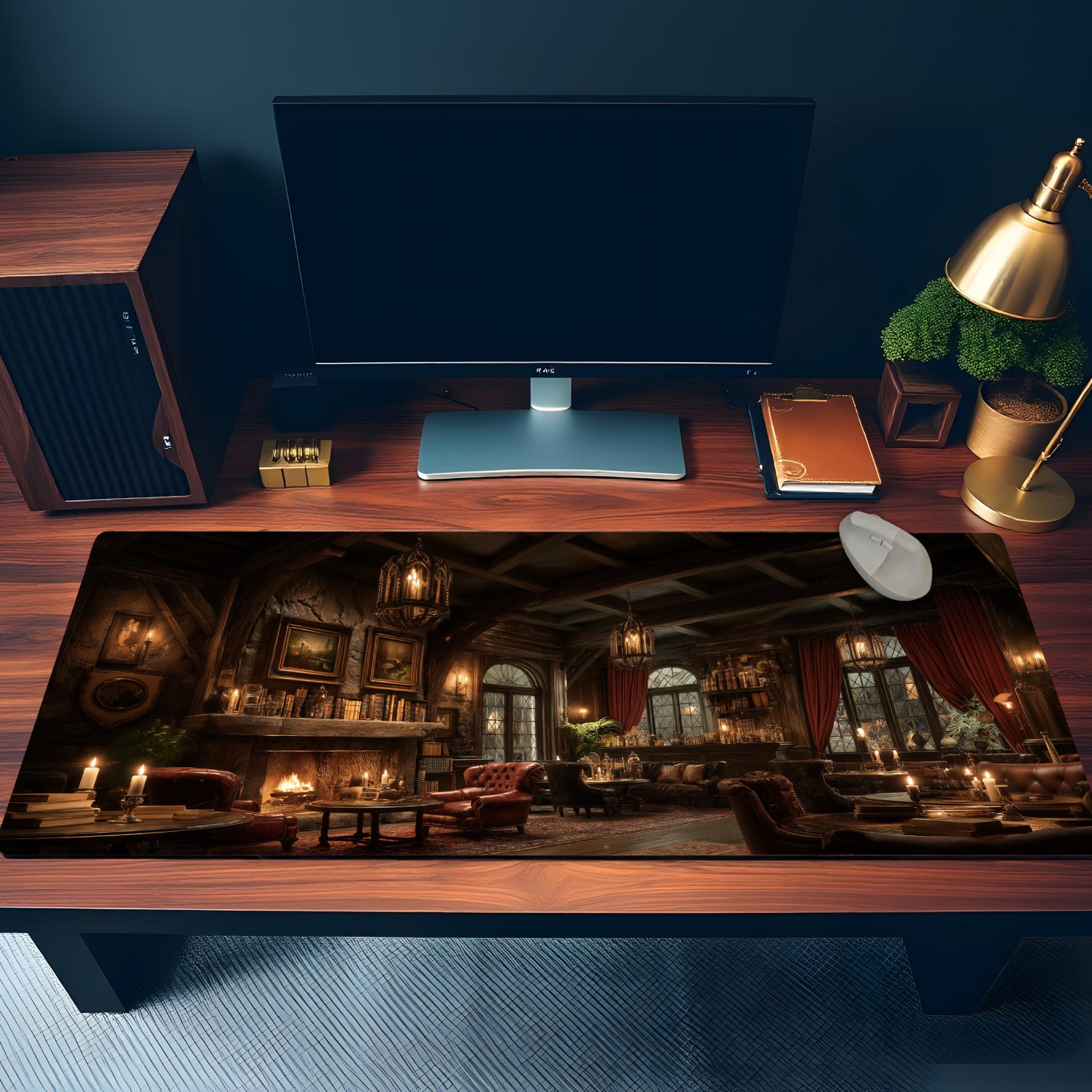 Speakeasy Lounge Desk Mat | Dark Academia Library Mouse Pad,  Vintage Fireplace in Rich Burgundy Brown RPG Fantasy Interior