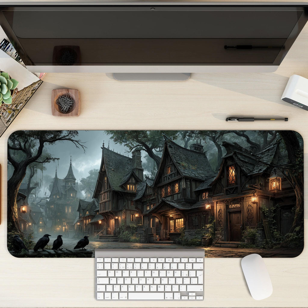Gothic Witchy Village Desk Mat | Medieval Town Mouse Pad with Ravens and Lantern Light in Moody Gray, Orange Dark Academia tones