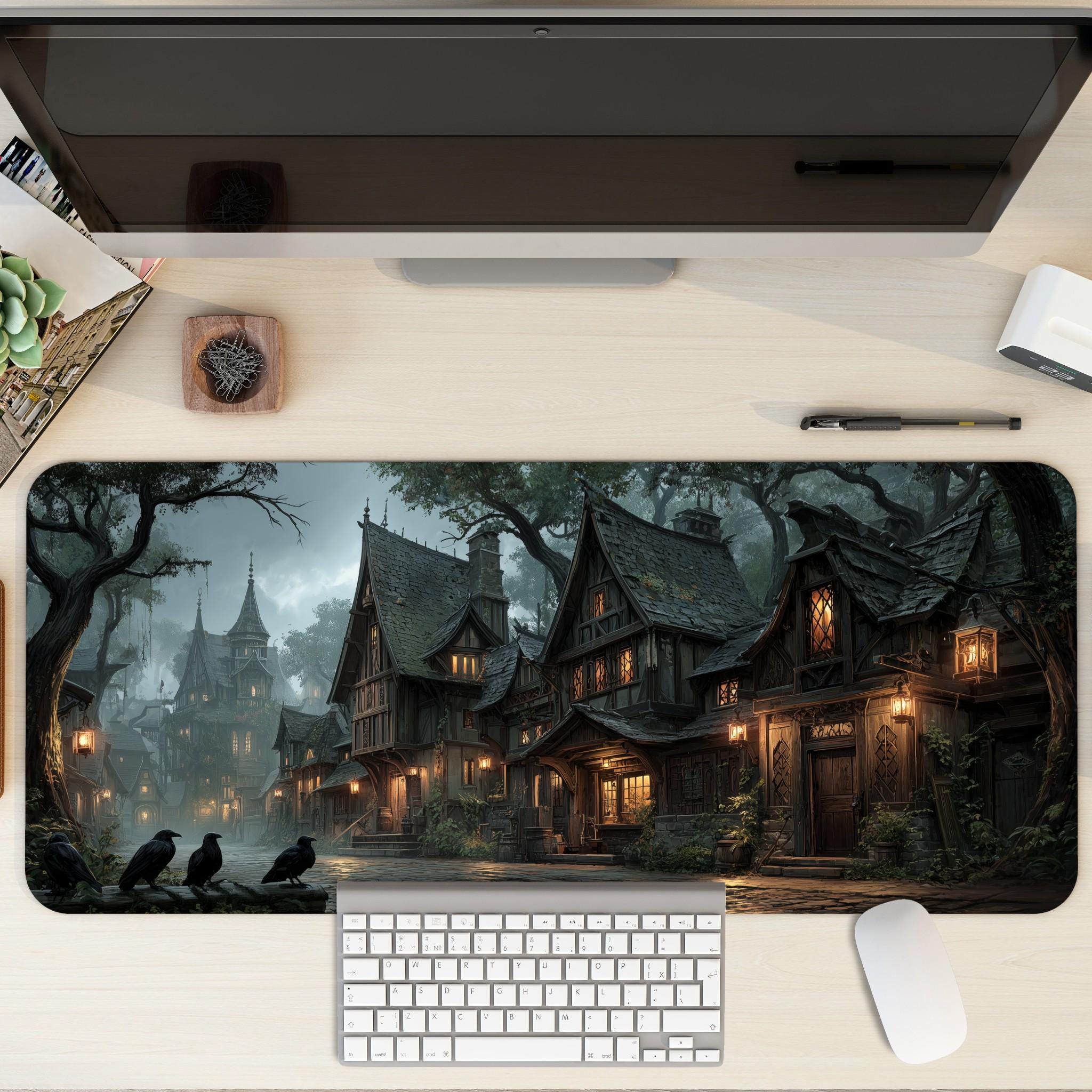 Gothic Witchy Village Desk Mat | Medieval Town Mouse Pad with Ravens and Lantern Light in Moody Gray, Orange Dark Academia tones