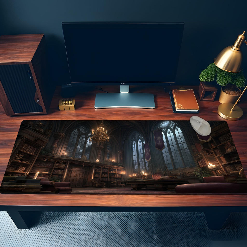Gothic Library Desk Mat | Large Fantasy Mouse Pad Gaming Office Home Decor Dark Academia School