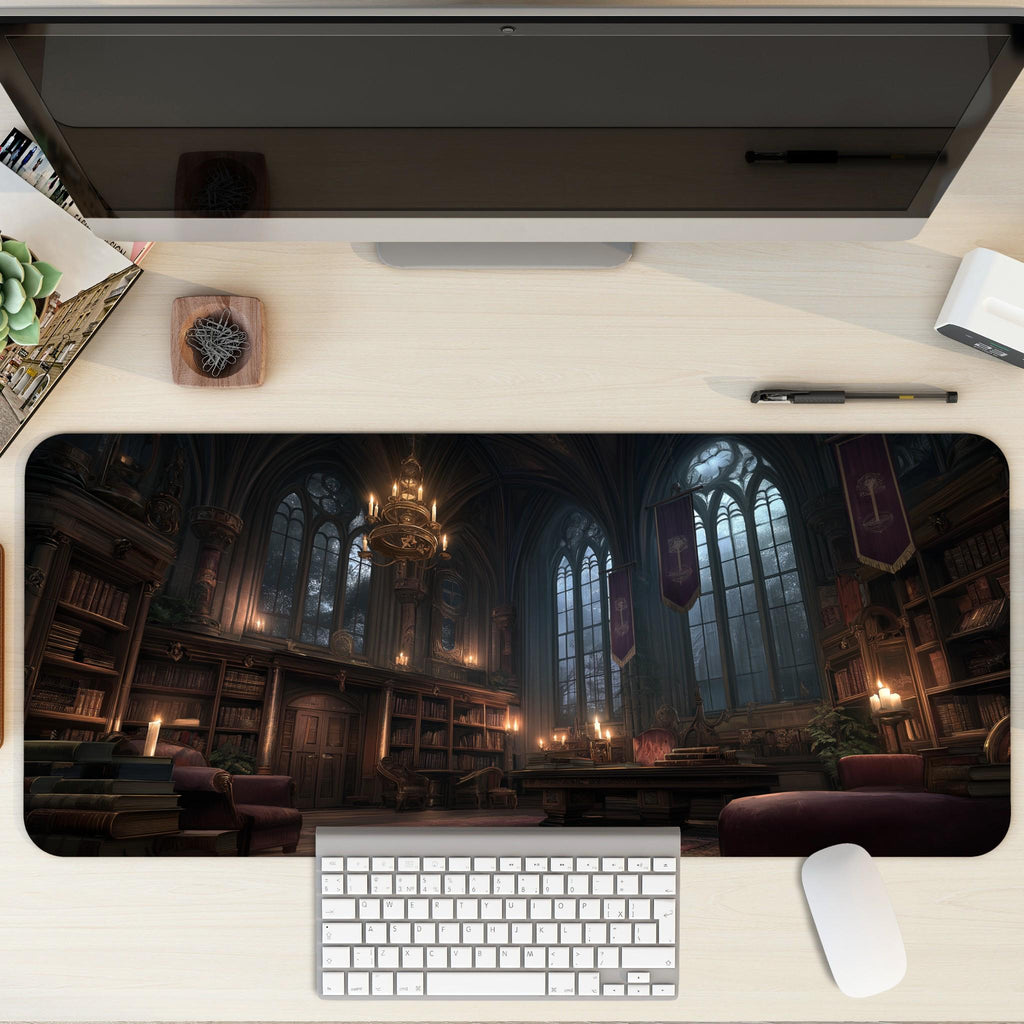 Gothic Library Desk Mat | Large Fantasy Mouse Pad Gaming Office Home Decor Dark Academia School