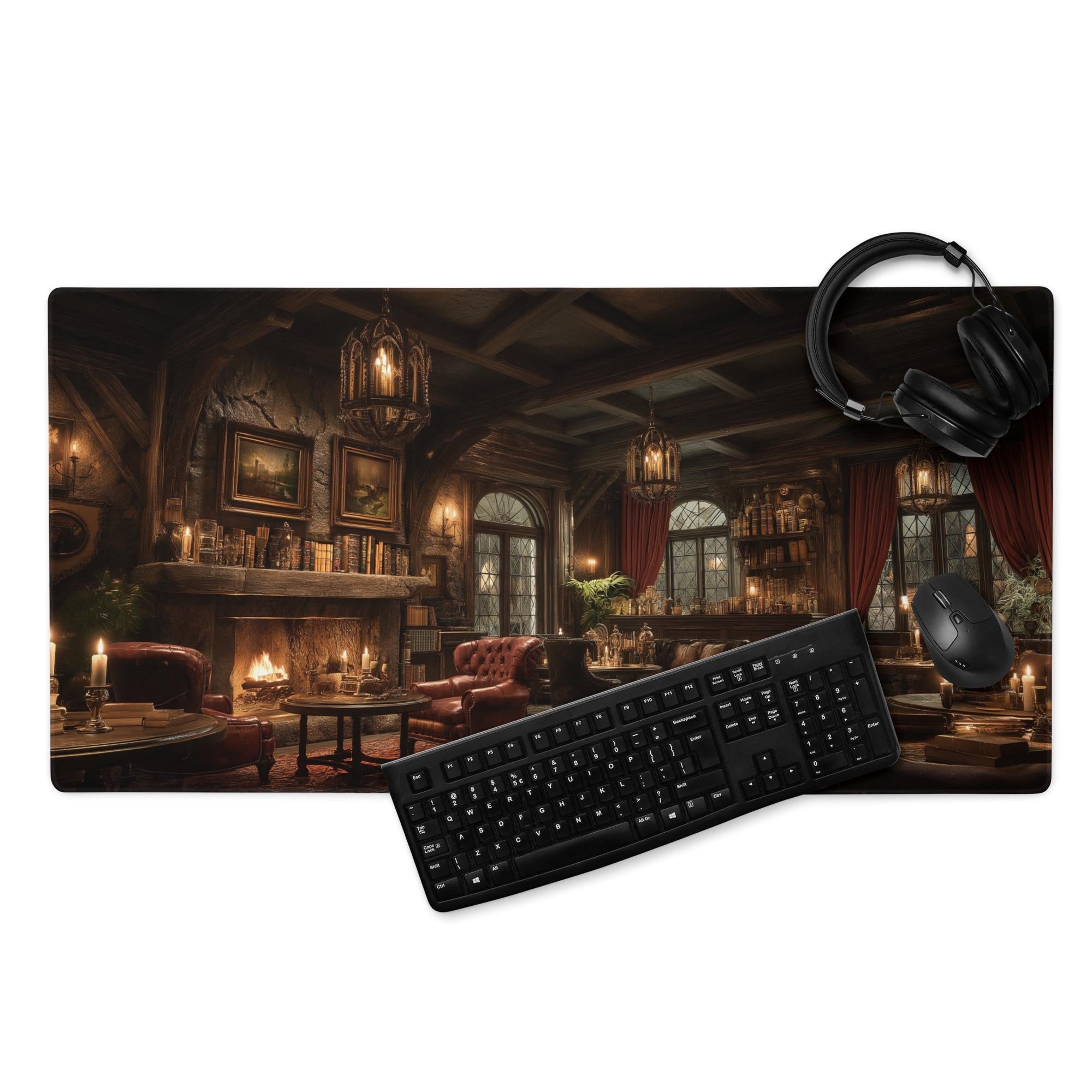 Speakeasy Lounge Desk Mat | Dark Academia Library Mouse Pad,  Vintage Fireplace in Rich Burgundy Brown RPG Fantasy Interior