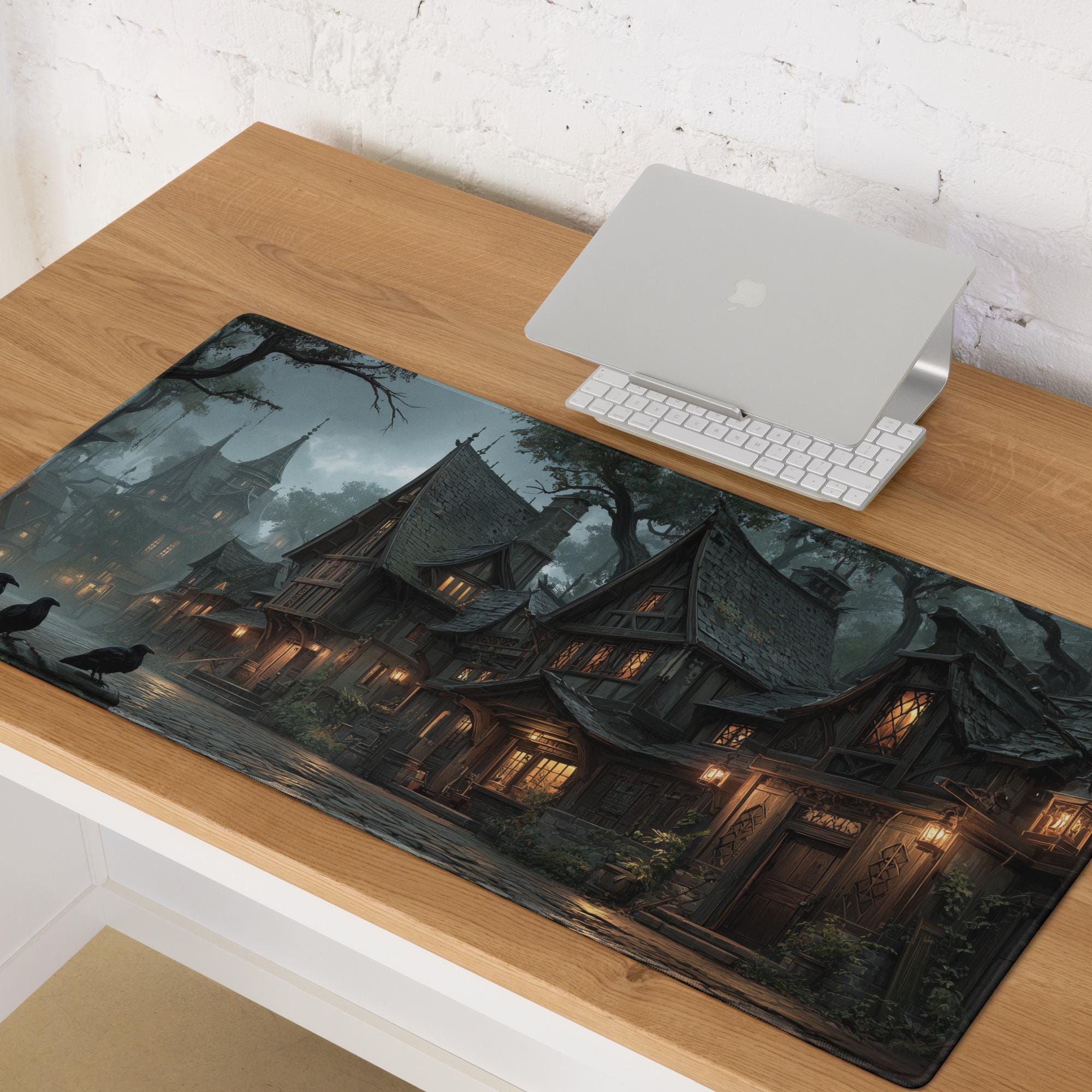 Gothic Witchy Village Desk Mat | Medieval Town Mouse Pad with Ravens and Lantern Light in Moody Gray, Orange Dark Academia tones