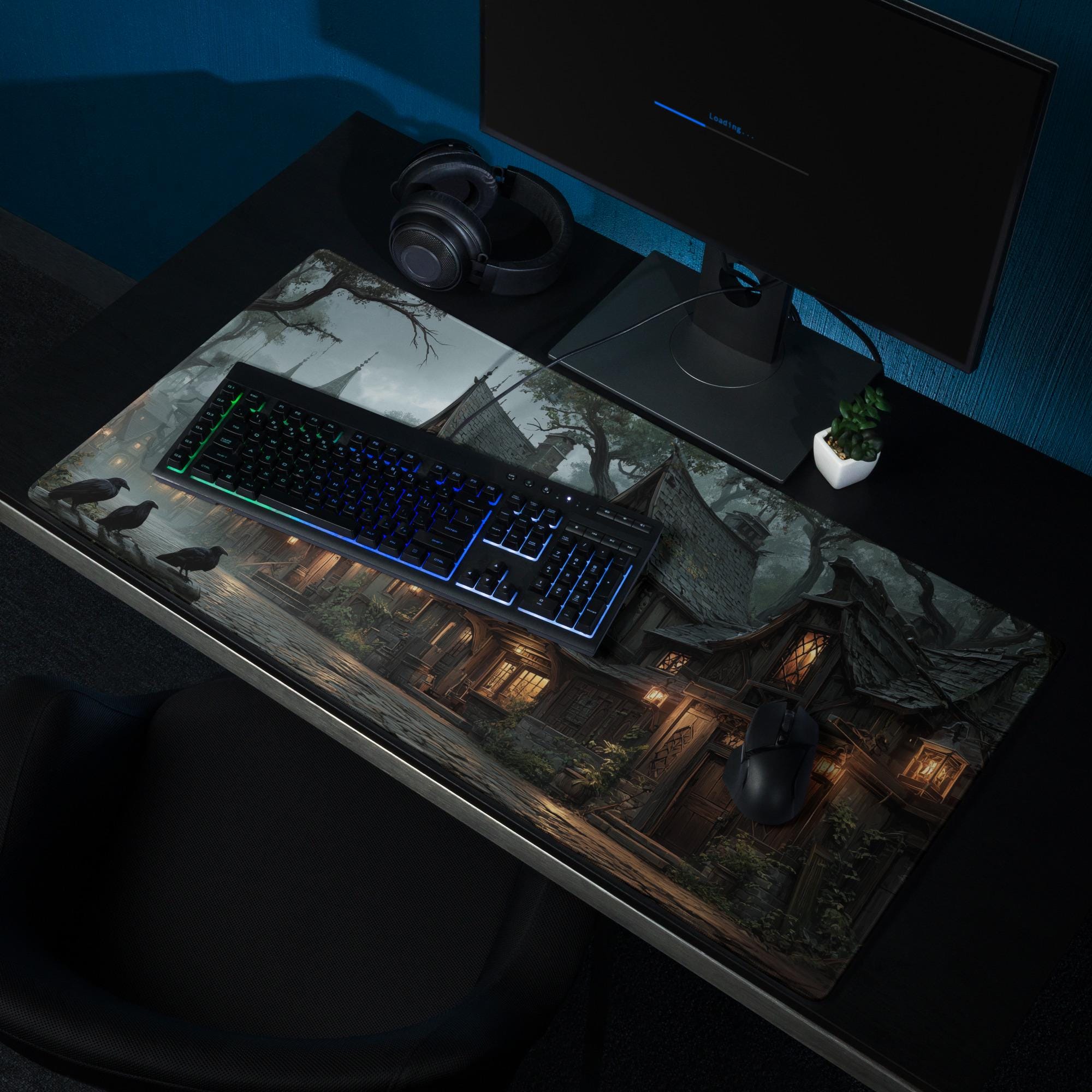 Gothic Witchy Village Desk Mat | Medieval Town Mouse Pad with Ravens and Lantern Light in Moody Gray, Orange Dark Academia tones
