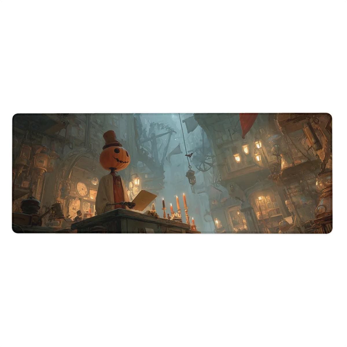 Fantasy Halloween Desk Mat | Spooky Pumpkin Head Large Mouse Pad, Gothic Dark Gaslamp Gaming Scene XL Desk Pad